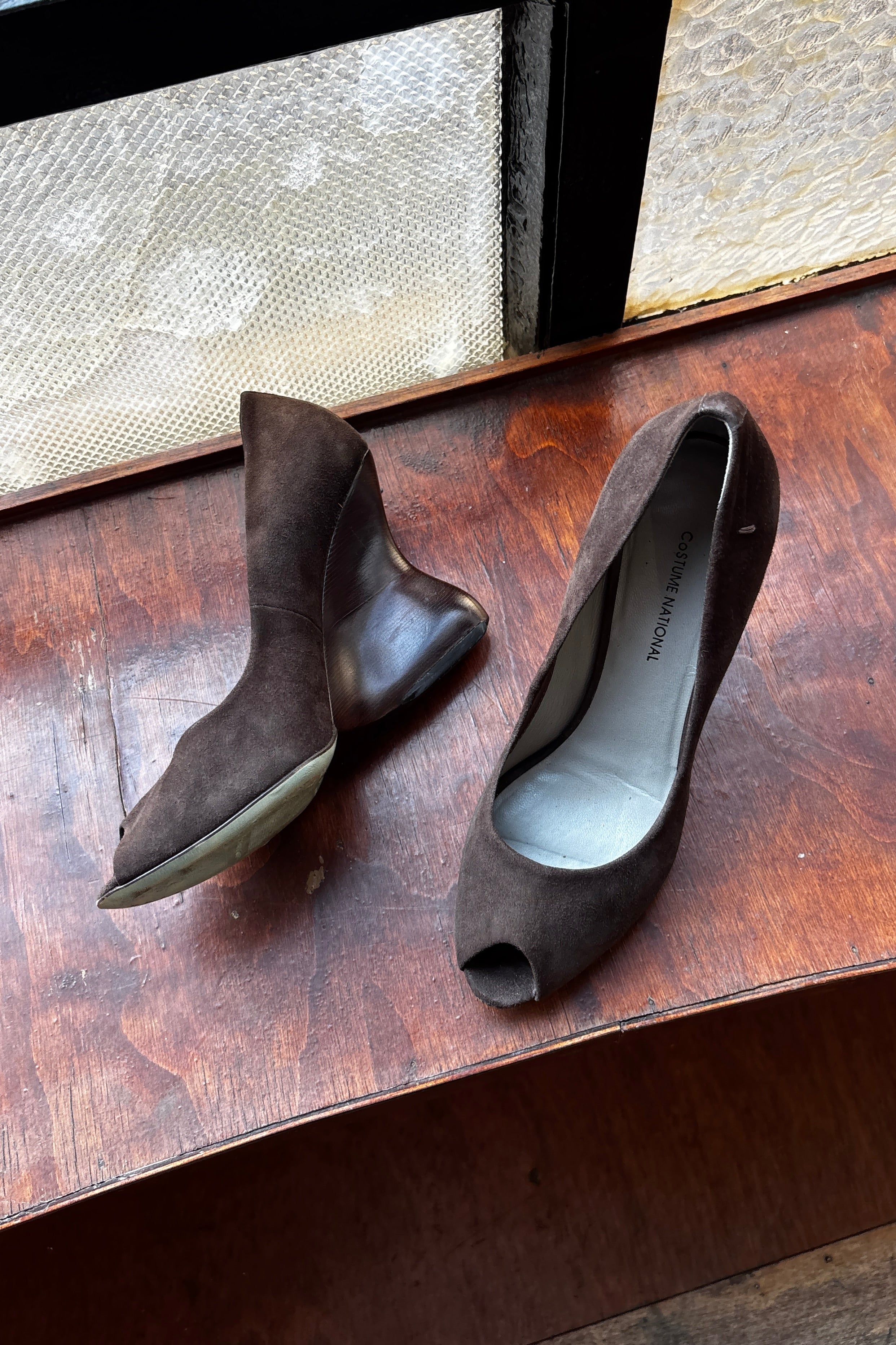 COSTUME NATIONAL SCULPTURAL WOODEN WEDGE HEELS