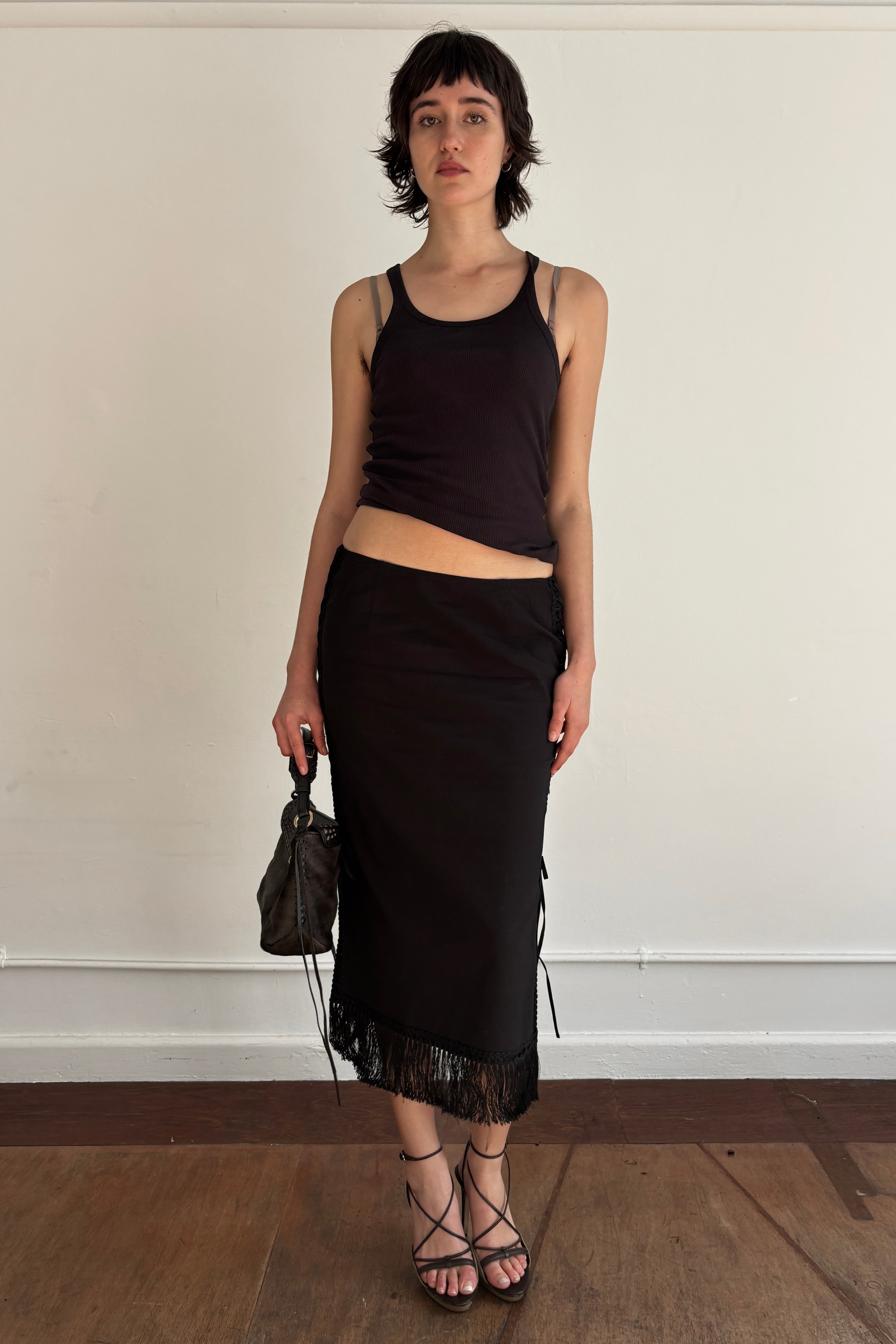 NOVESPAZIO LACE-UP MIDI SKIRT WITH FRINGE HEM