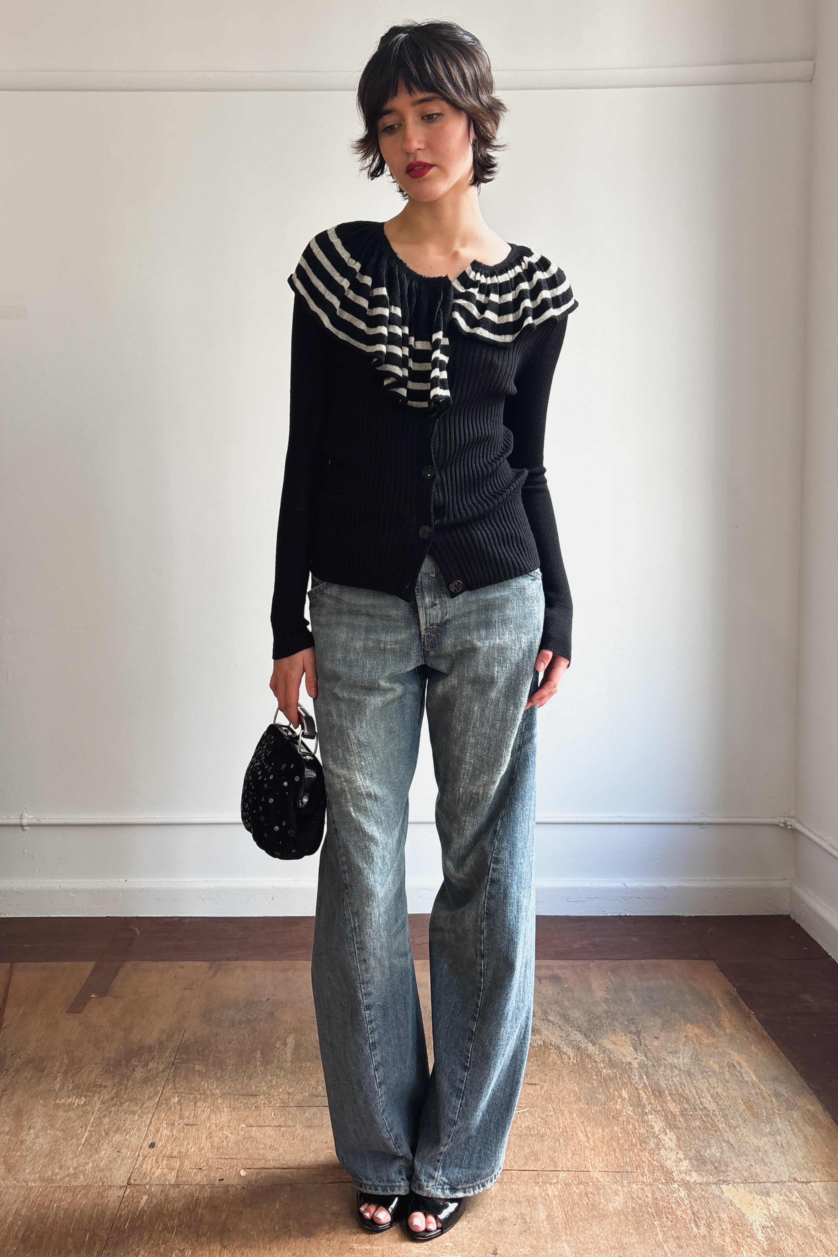 JEAN PAUL GAULTIER ASYMMETRICAL STRIPE KNIT CARDIGAN