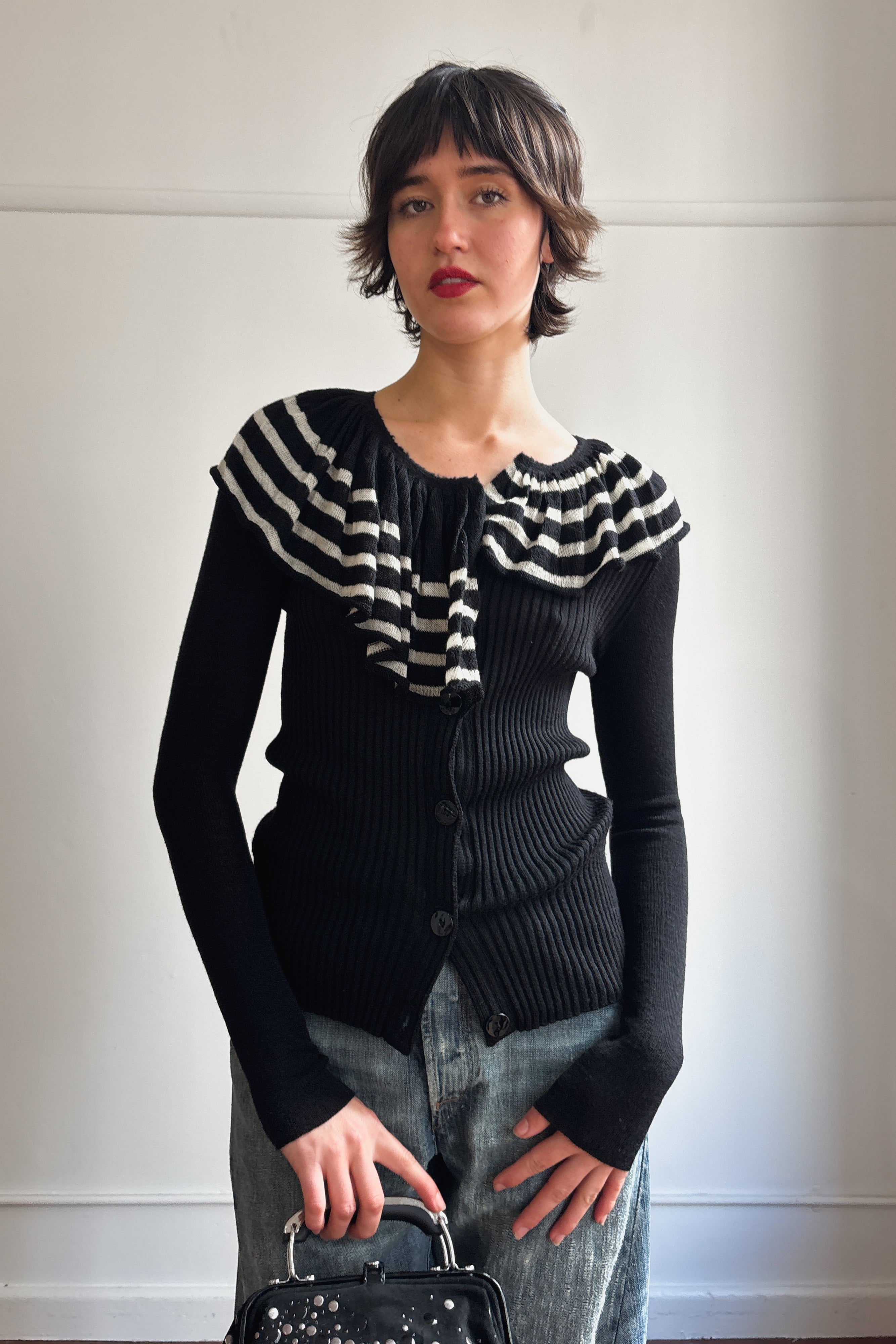 JEAN PAUL GAULTIER ASYMMETRICAL STRIPE KNIT CARDIGAN