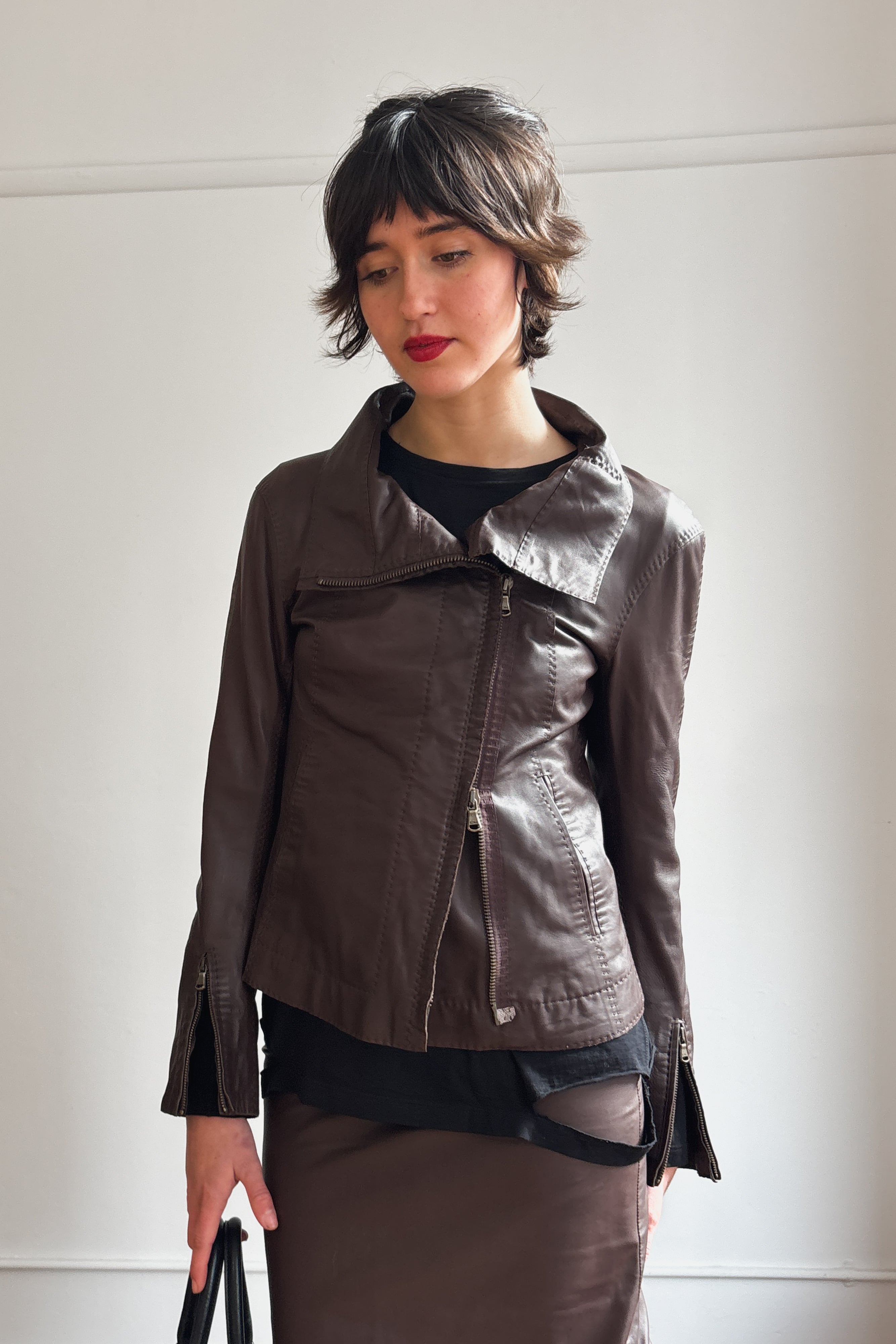 DONNA KARAN DUAL ZIP LAMBSKIN LEATHER JACKET