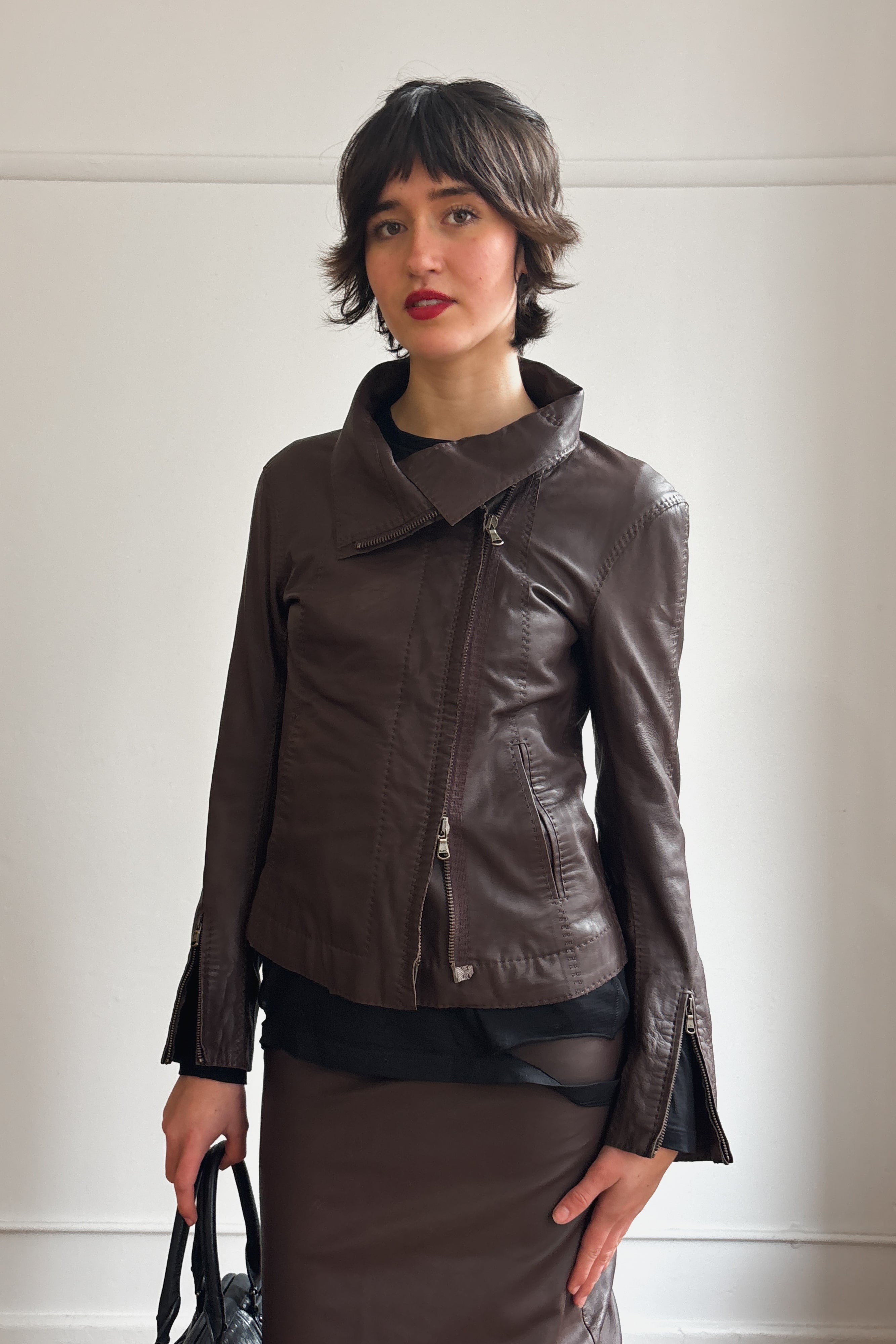 DONNA KARAN DUAL ZIP LAMBSKIN LEATHER JACKET