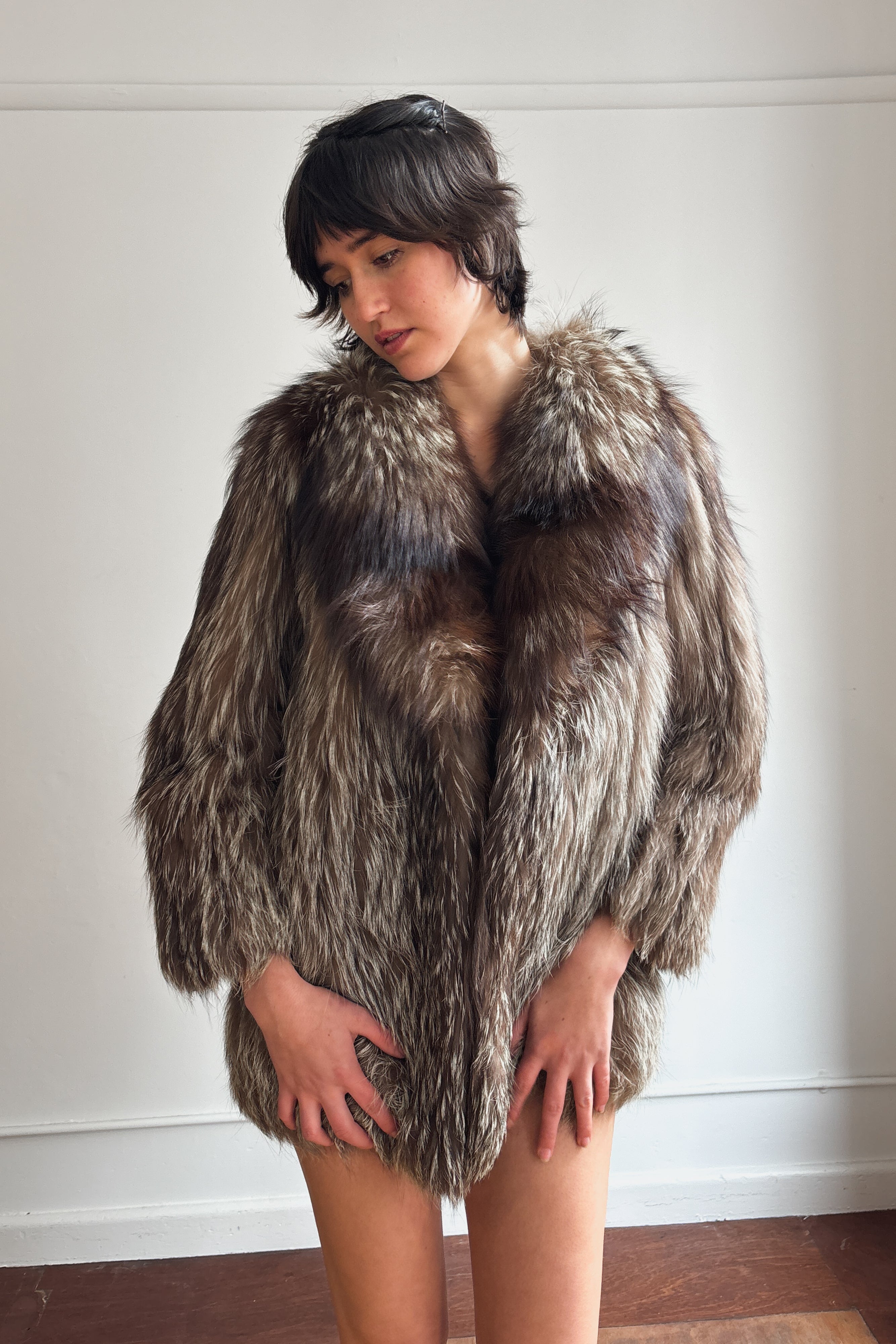 SILVER FOX FUR HIP LENGTH COAT