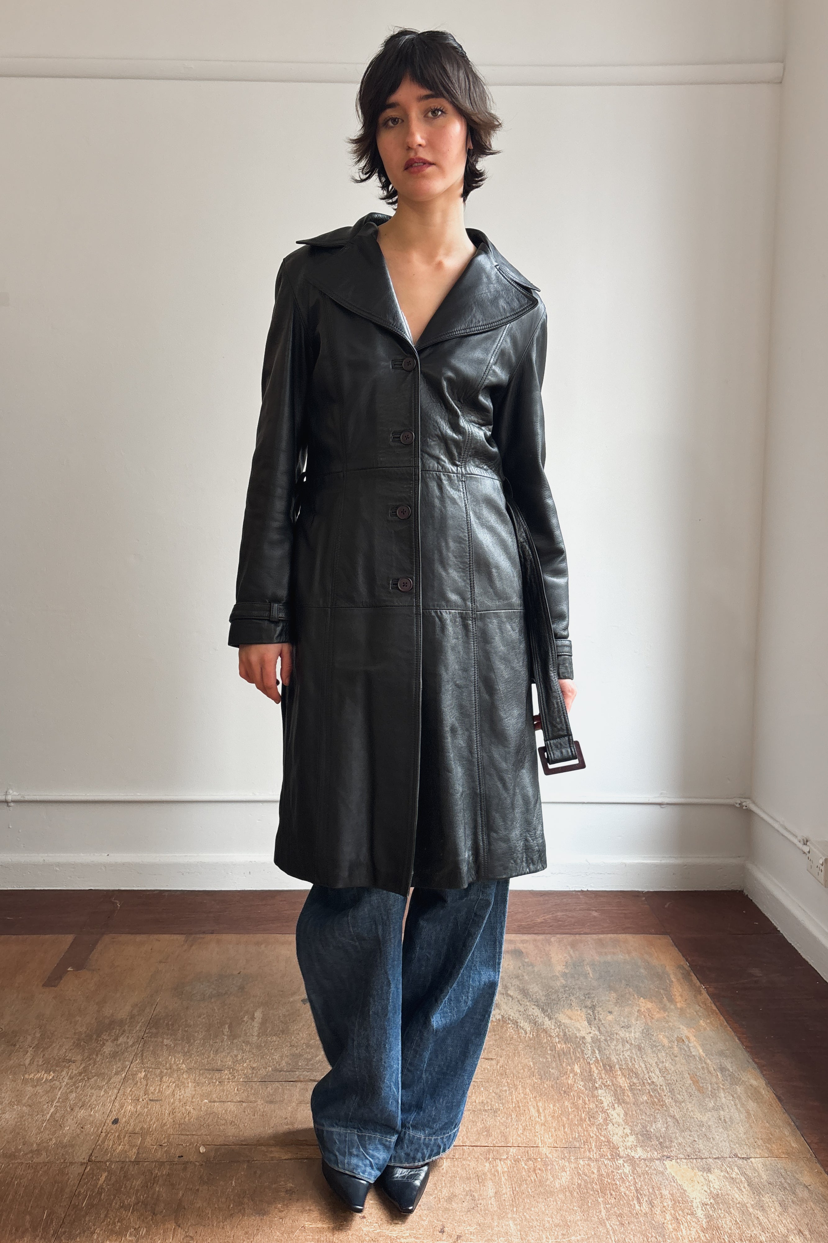 VINTAGE ITALIAN LEATHER TRENCH COAT WITH FOX FUR COLLAR