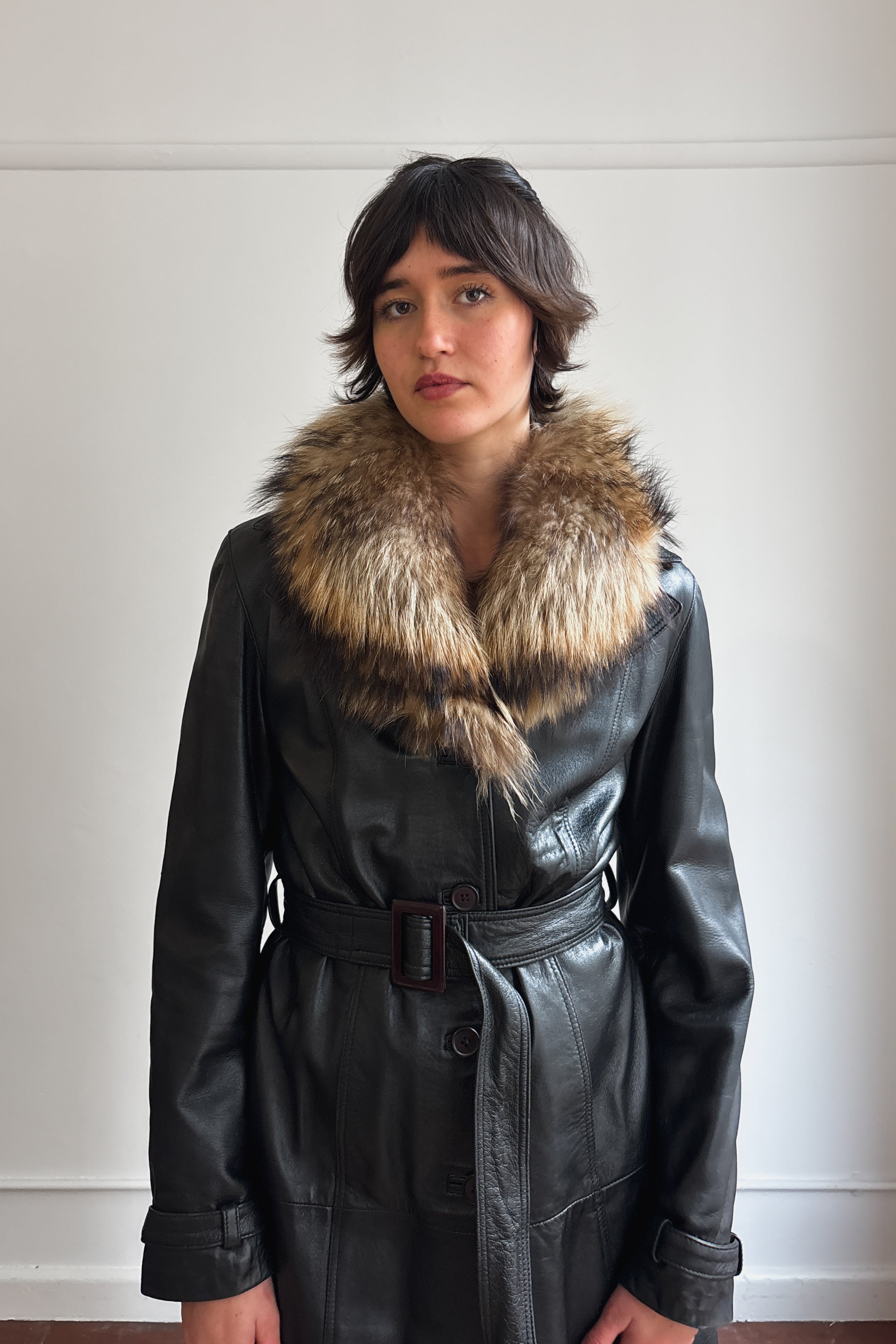 VINTAGE ITALIAN LEATHER TRENCH COAT WITH FOX FUR COLLAR
