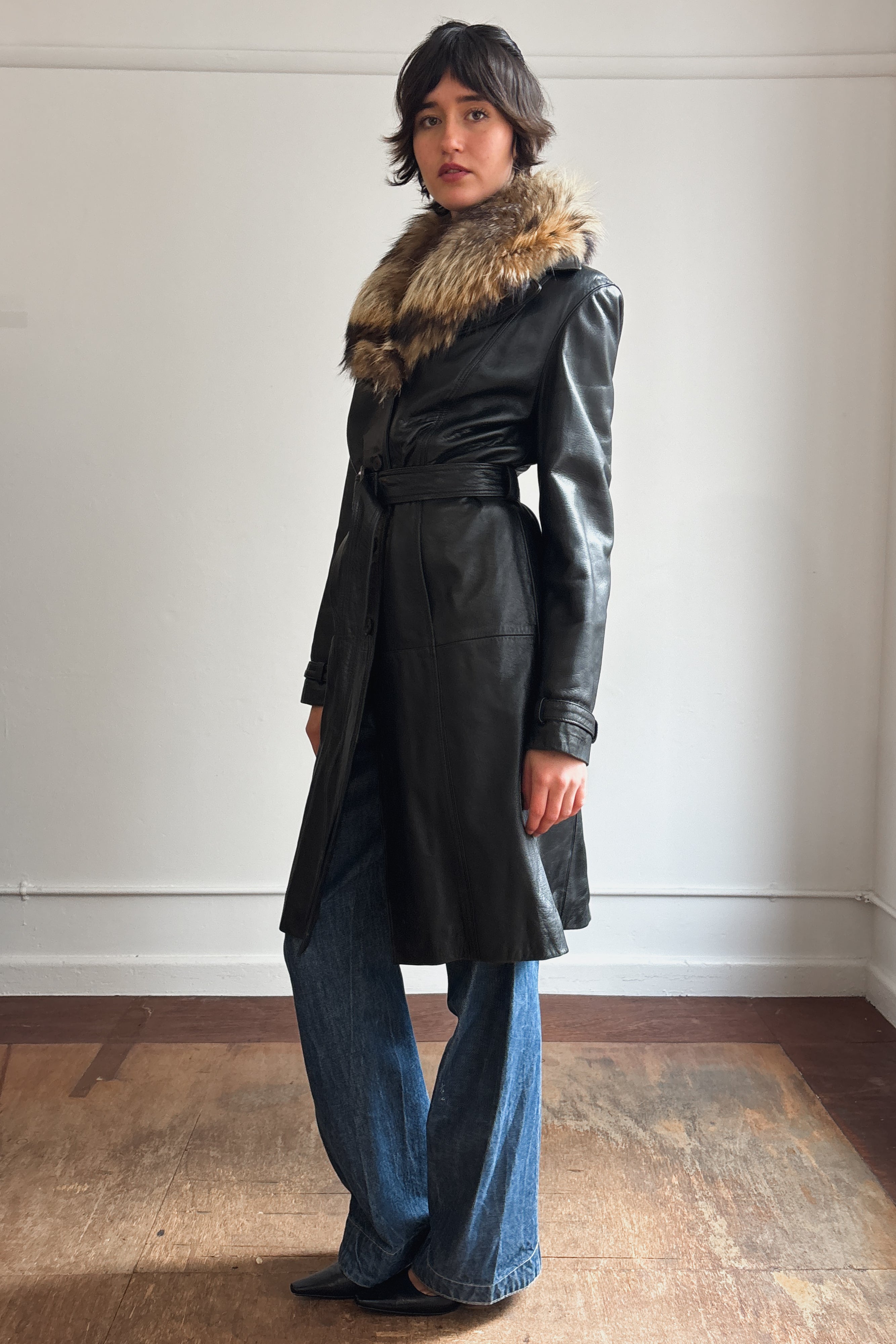 VINTAGE ITALIAN LEATHER TRENCH COAT WITH FOX FUR COLLAR