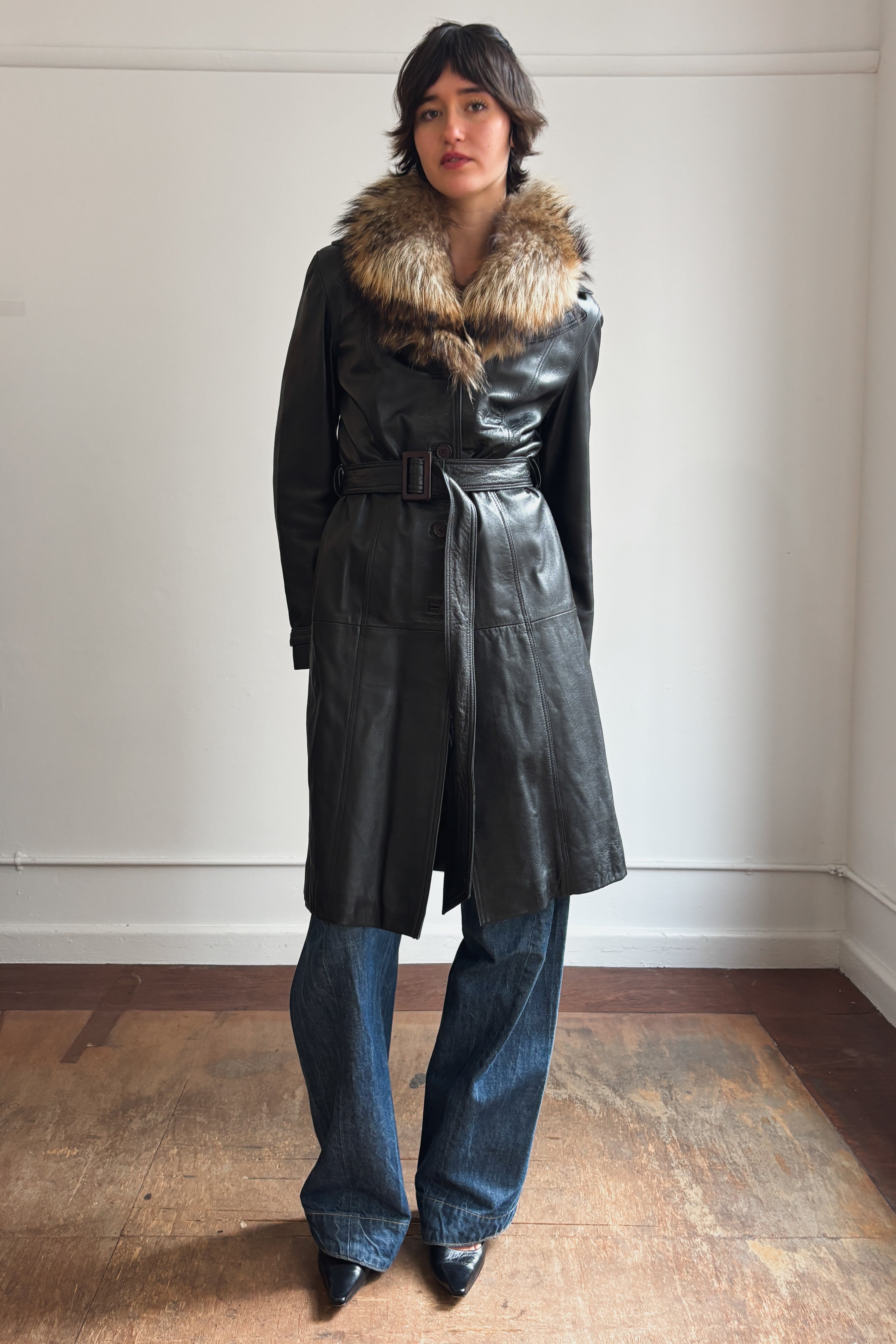 VINTAGE ITALIAN LEATHER TRENCH COAT WITH FOX FUR COLLAR