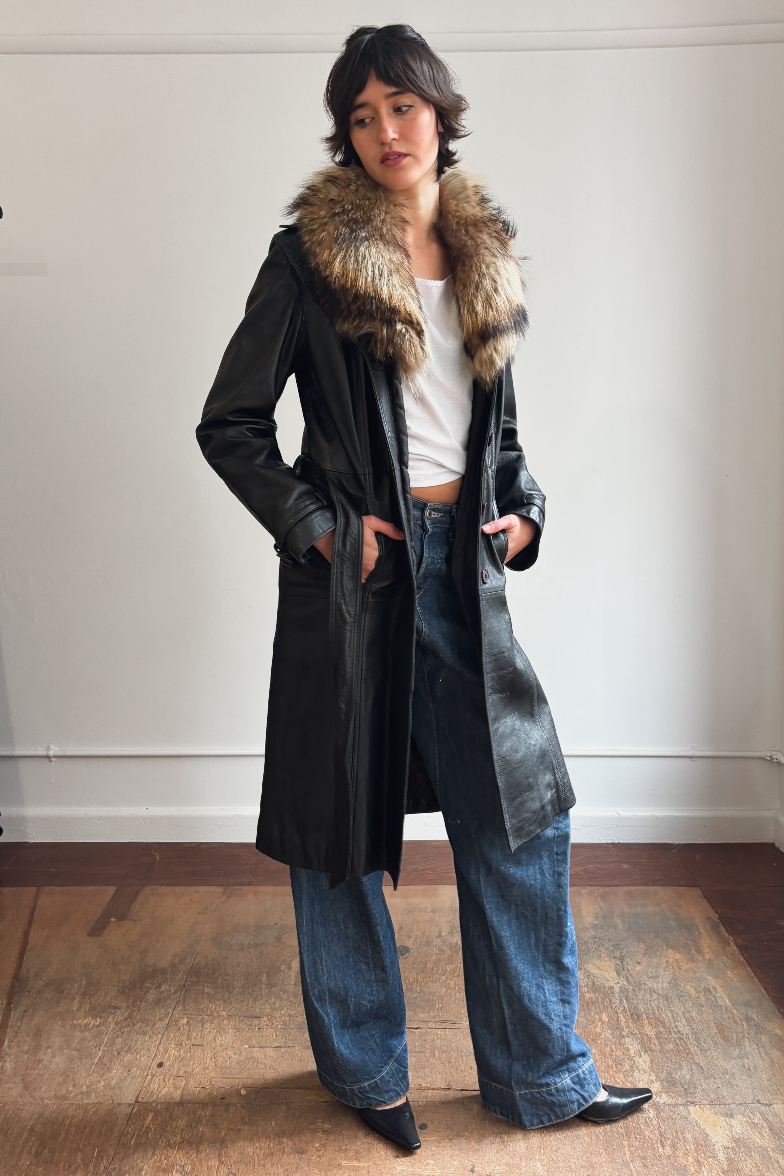 VINTAGE ITALIAN LEATHER TRENCH COAT WITH FOX FUR COLLAR
