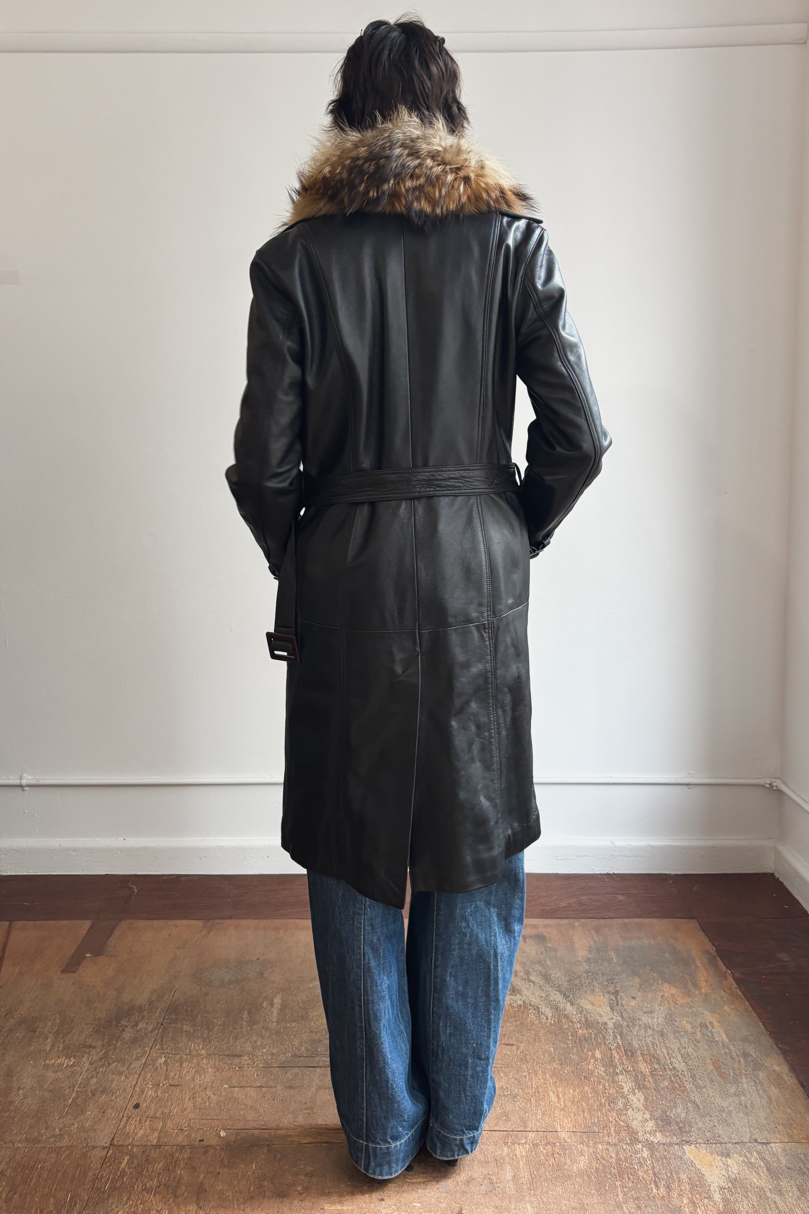 VINTAGE ITALIAN LEATHER TRENCH COAT WITH FOX FUR COLLAR