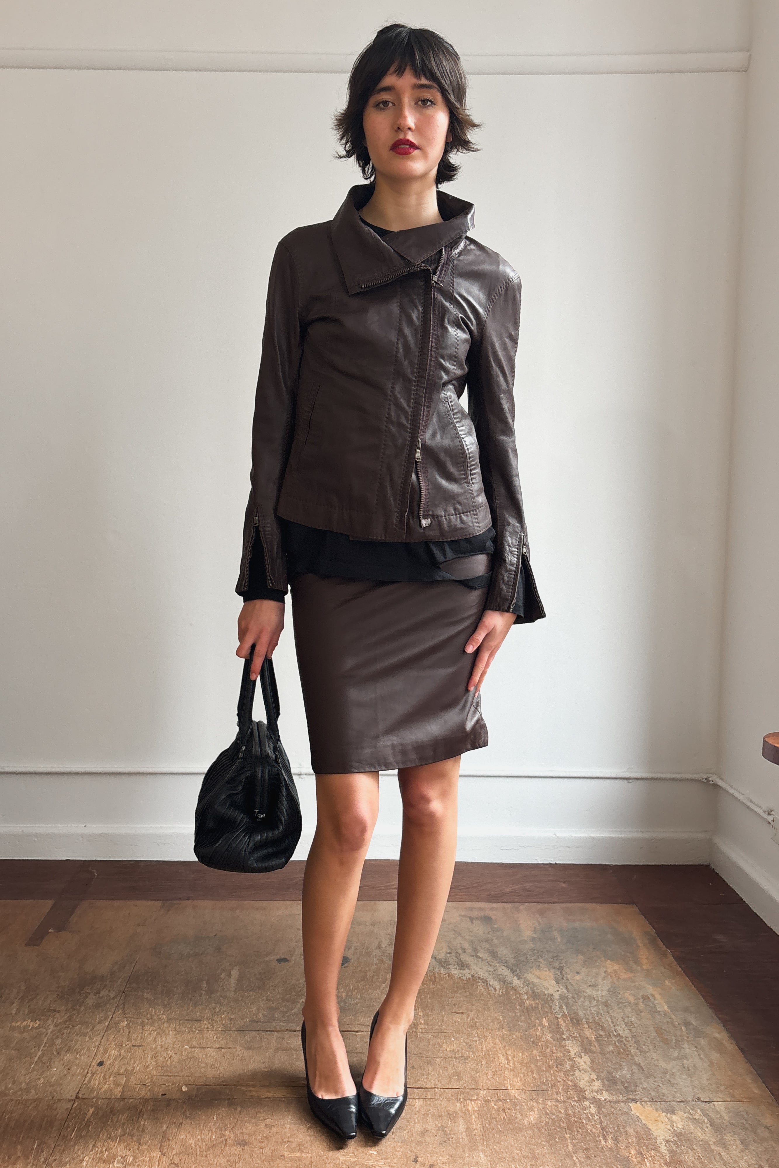 DONNA KARAN DUAL ZIP LAMBSKIN LEATHER JACKET