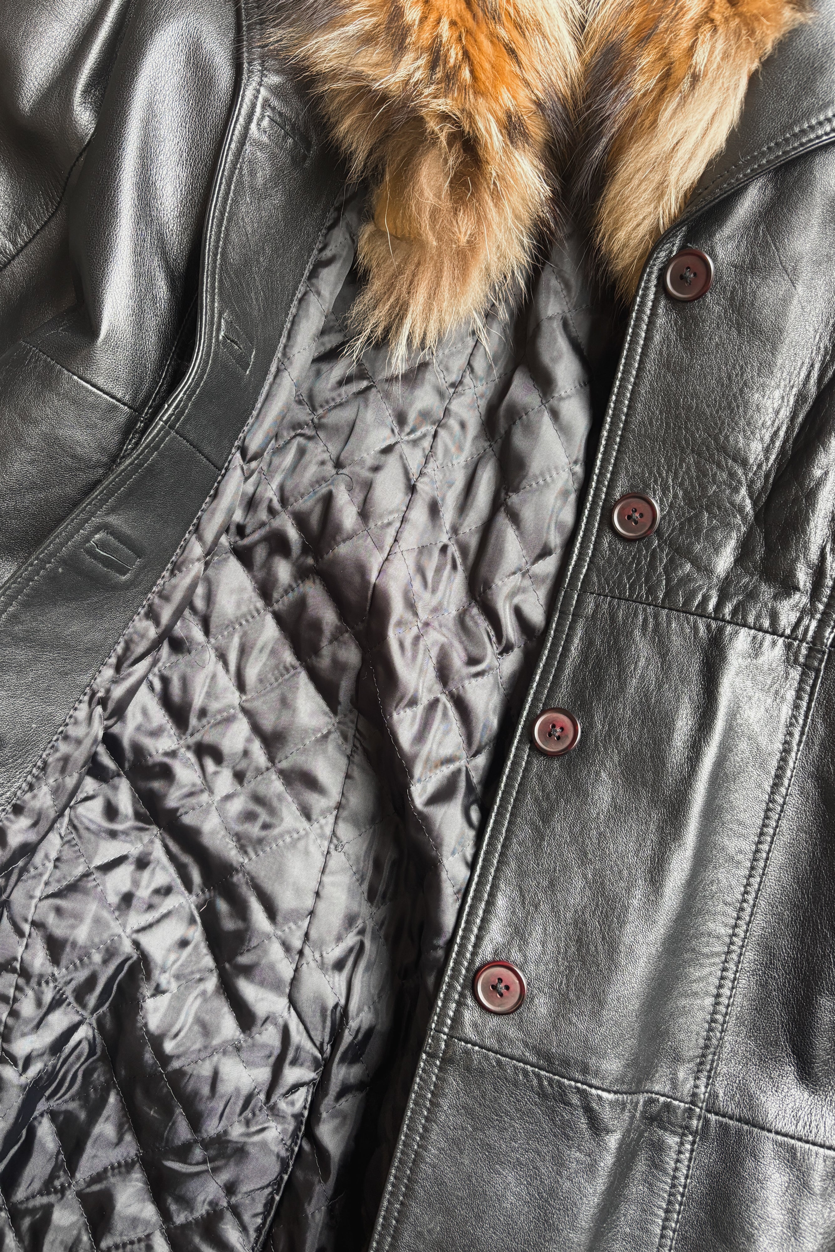 VINTAGE ITALIAN LEATHER TRENCH COAT WITH FOX FUR COLLAR
