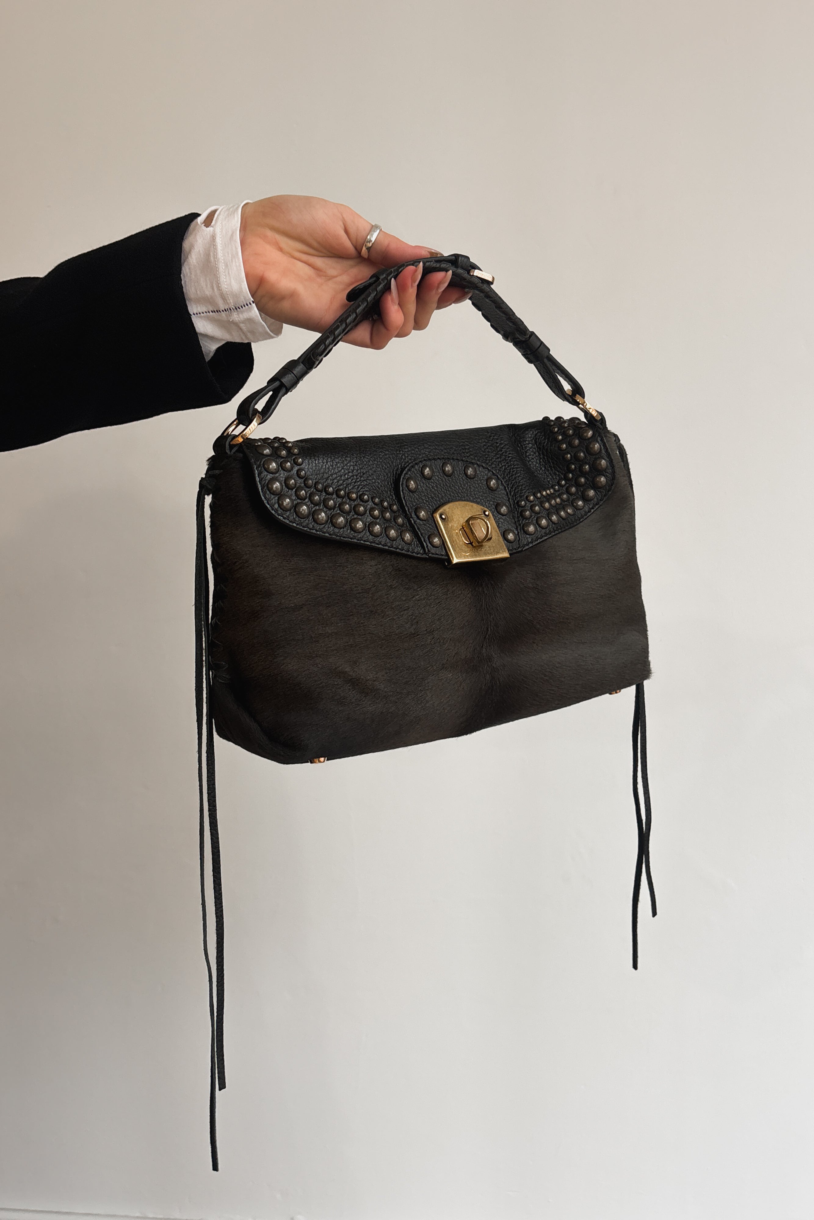 SERGIO ROSSI STUDDED CHAMOIS LEATHER HANDBAG