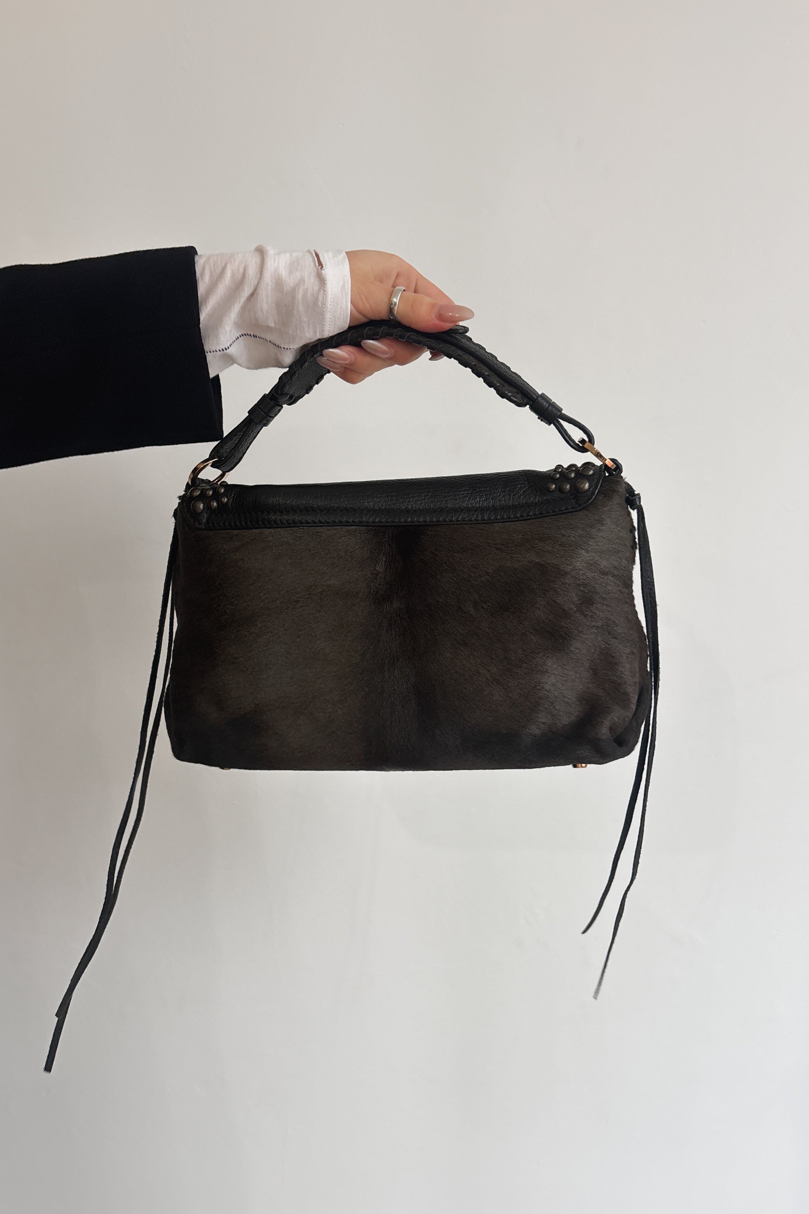 SERGIO ROSSI STUDDED CHAMOIS LEATHER HANDBAG