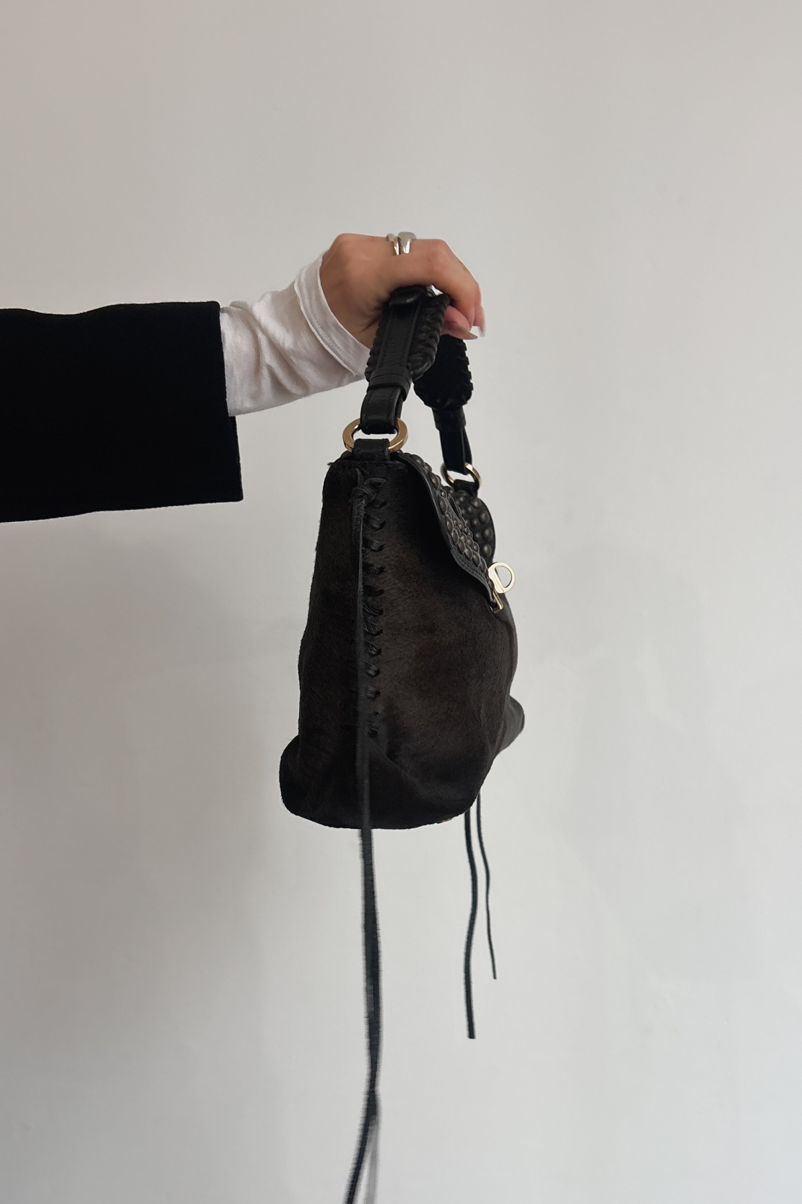 SERGIO ROSSI STUDDED CHAMOIS LEATHER HANDBAG