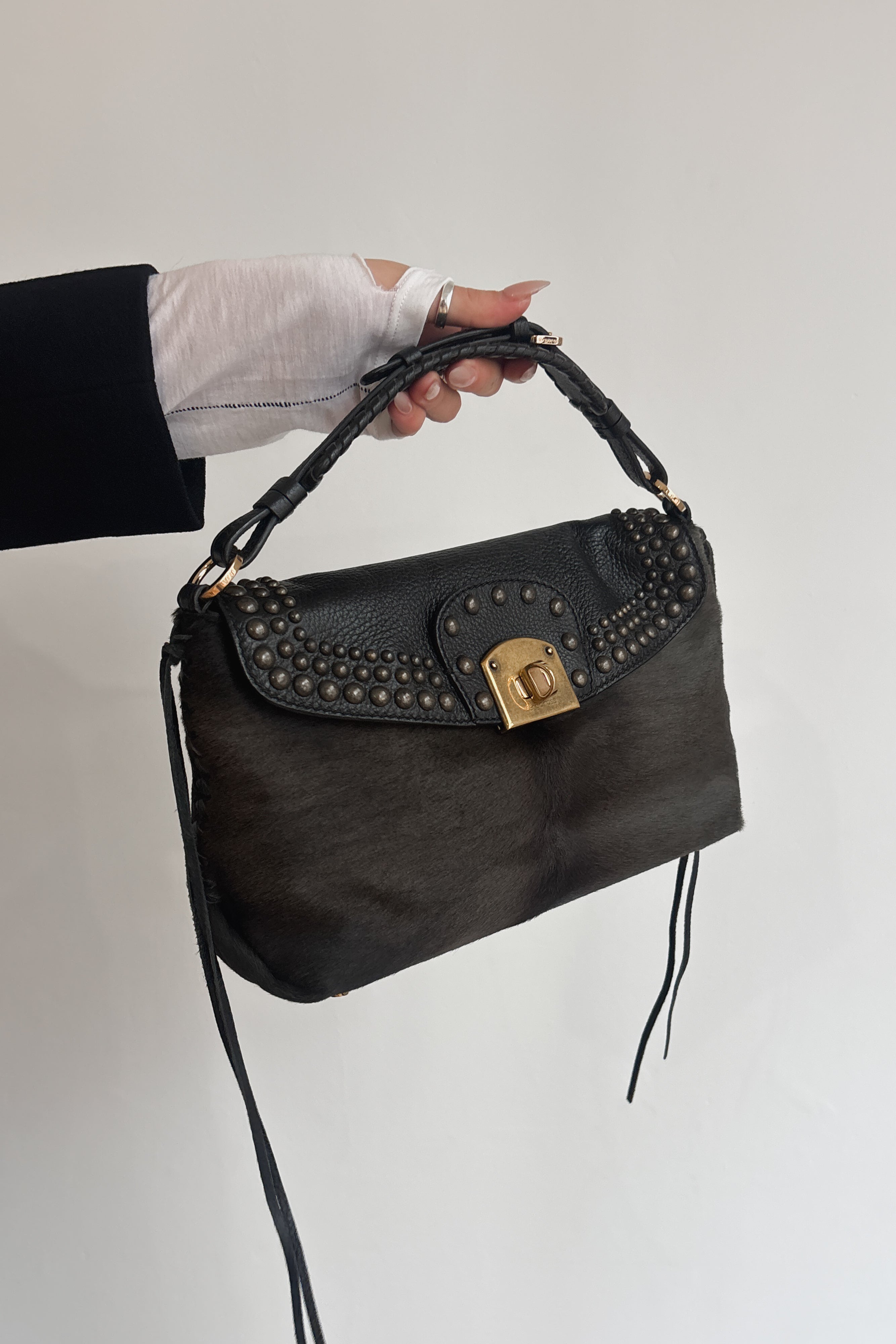 SERGIO ROSSI STUDDED CHAMOIS LEATHER HANDBAG