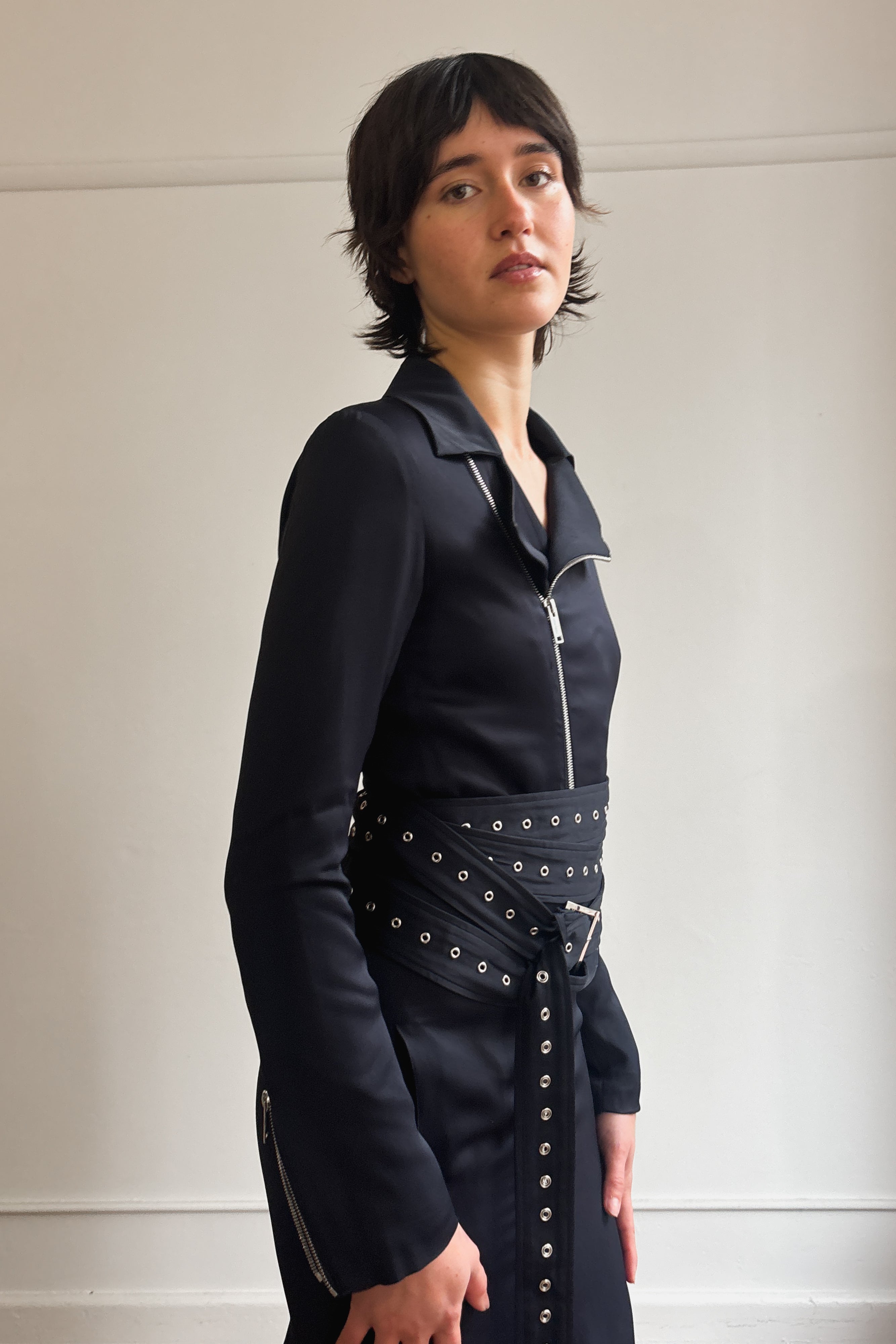COSTUME NATIONAL LONGLINE COAT DRESS WITH EYELET WRAP BELT