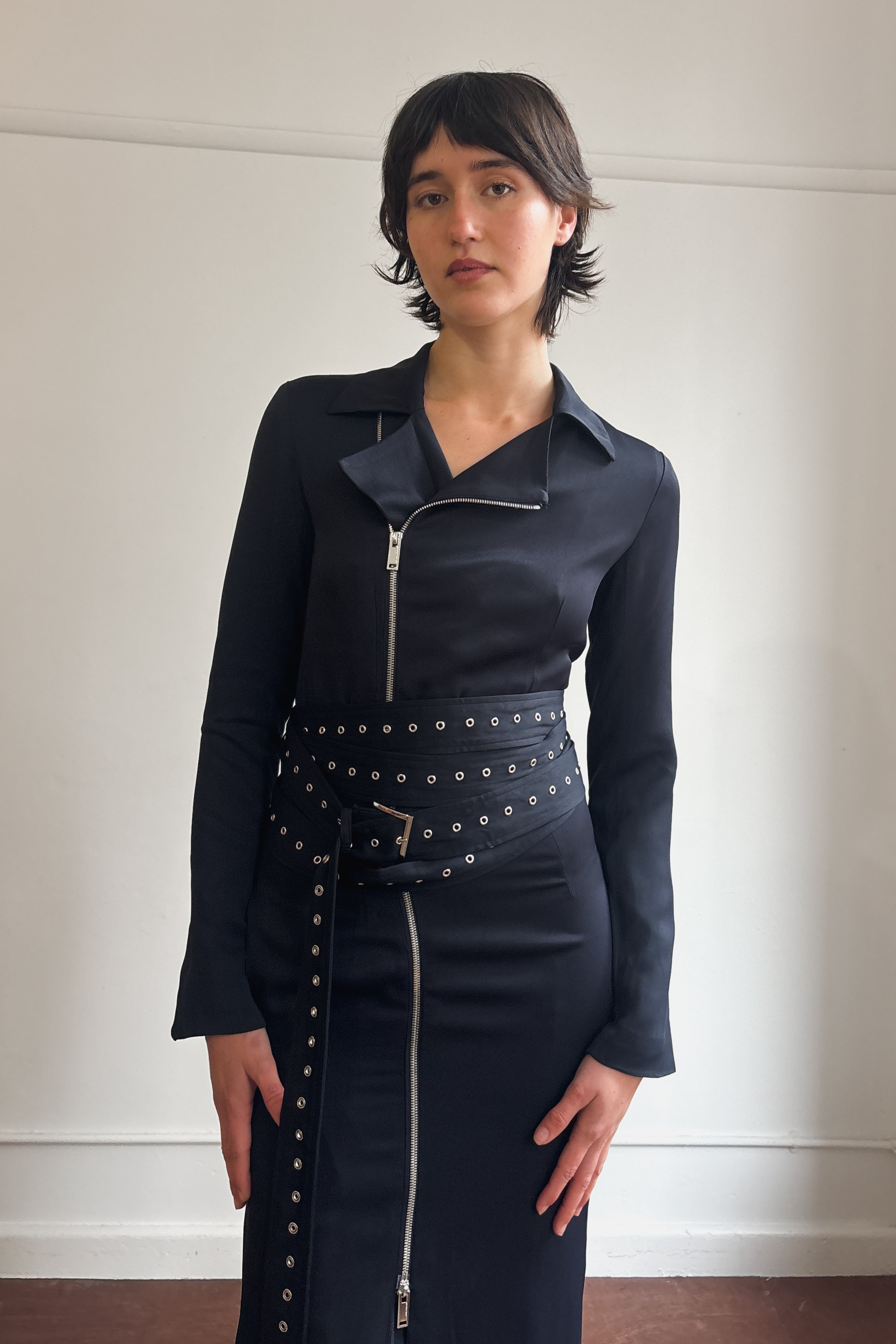 COSTUME NATIONAL LONGLINE COAT DRESS WITH EYELET WRAP BELT