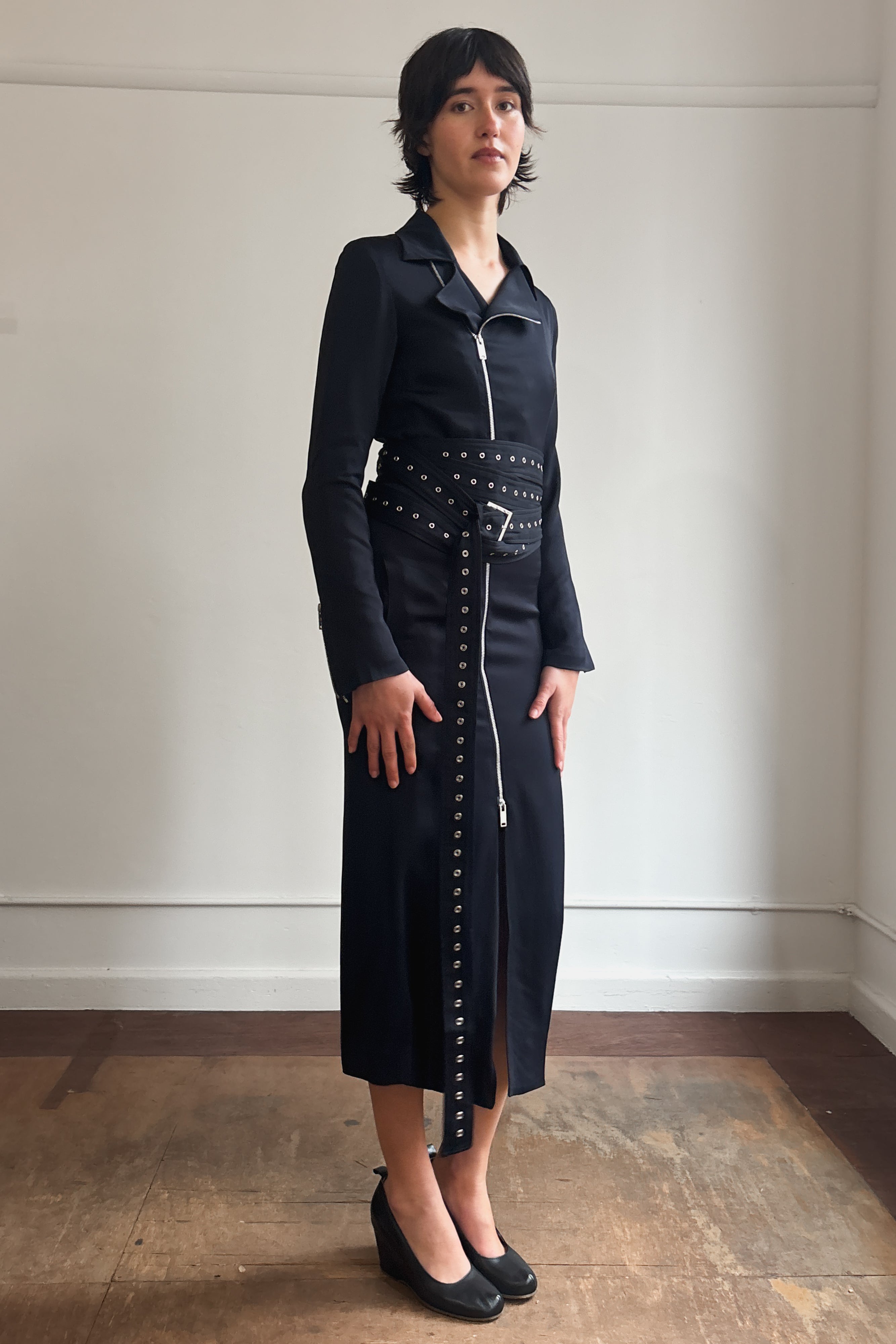 COSTUME NATIONAL LONGLINE COAT DRESS WITH EYELET WRAP BELT