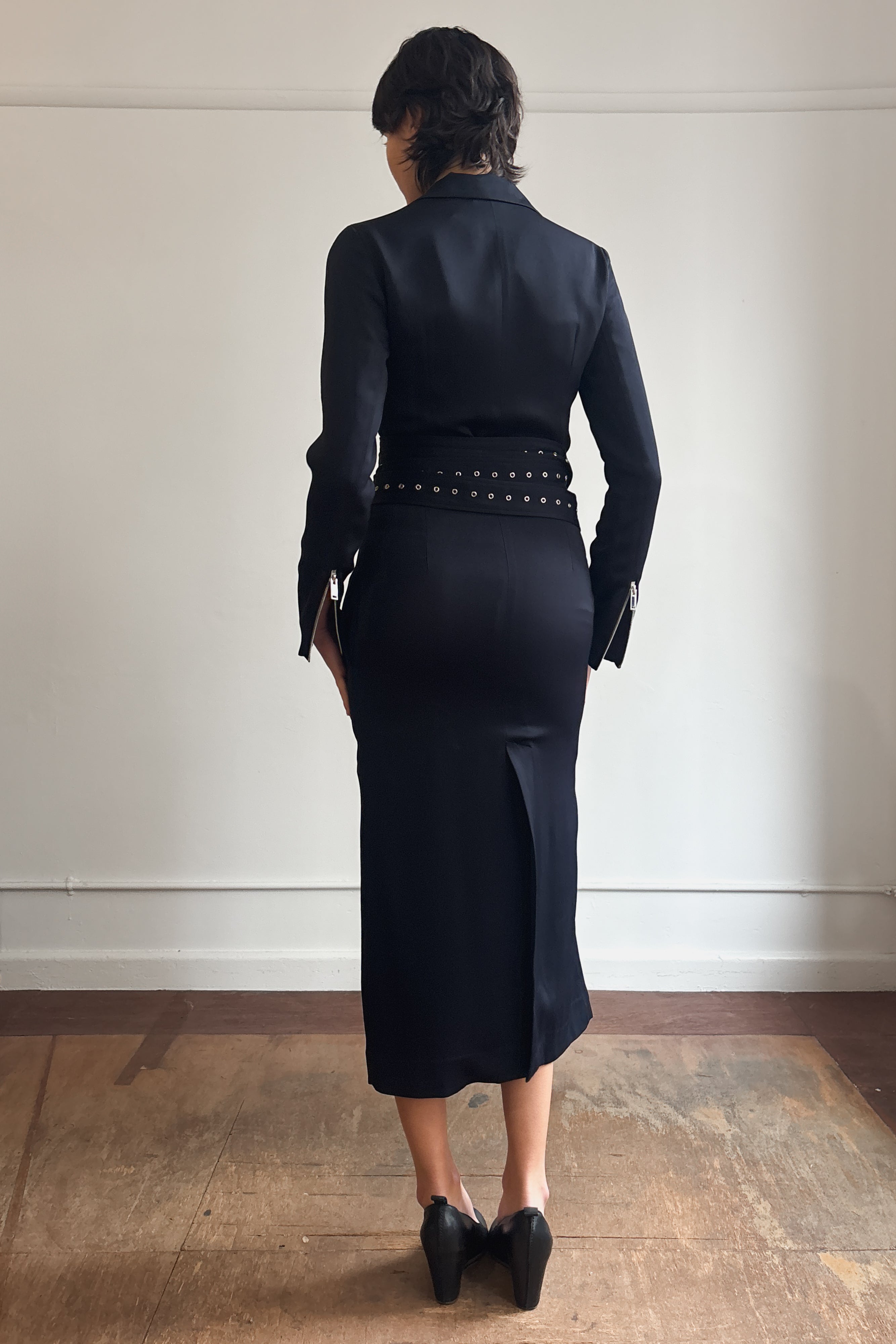 COSTUME NATIONAL LONGLINE COAT DRESS WITH EYELET WRAP BELT