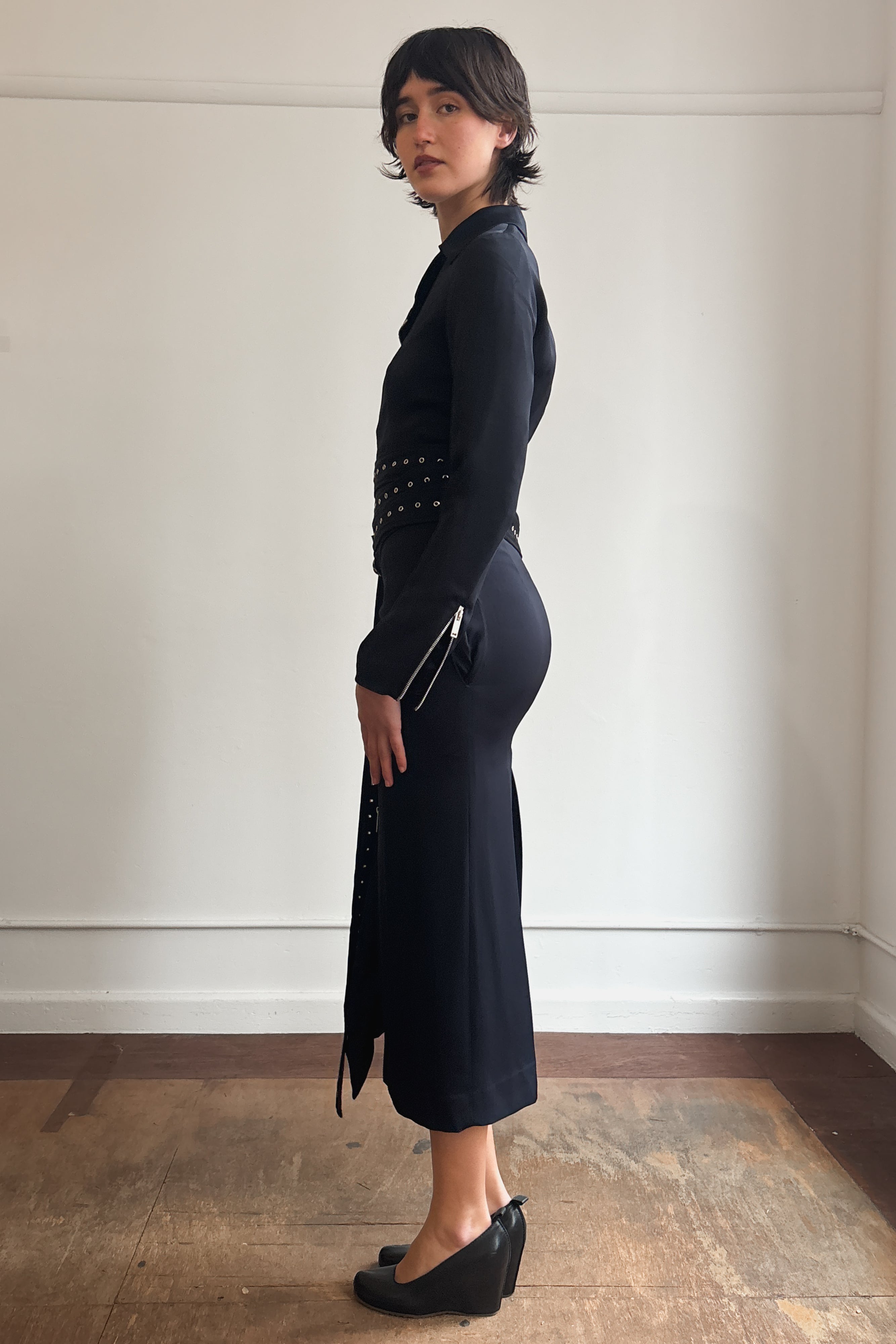 COSTUME NATIONAL LONGLINE COAT DRESS WITH EYELET WRAP BELT