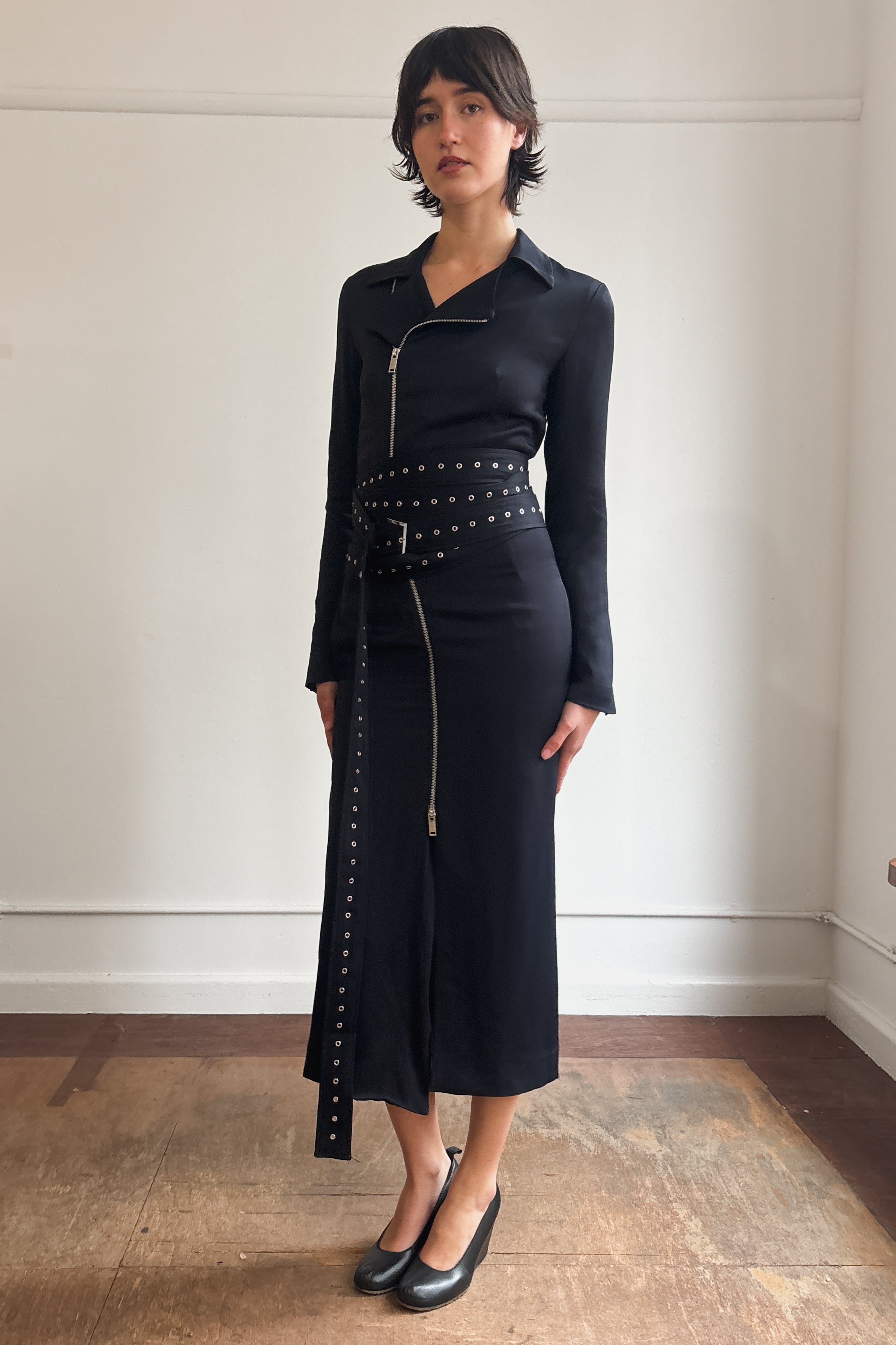 COSTUME NATIONAL LONGLINE COAT DRESS WITH EYELET WRAP BELT