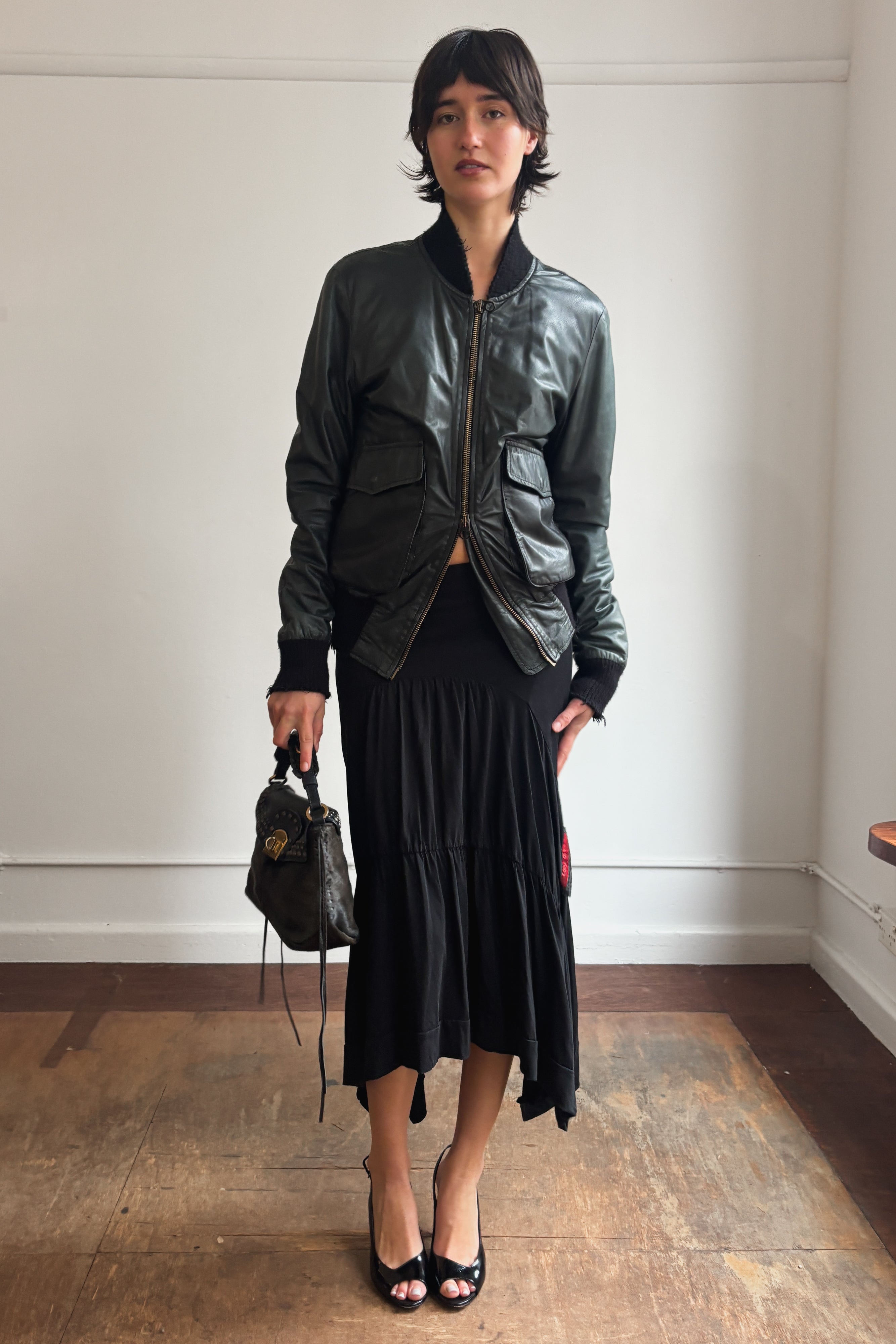 SERGIO ROSSI STUDDED CHAMOIS LEATHER HANDBAG