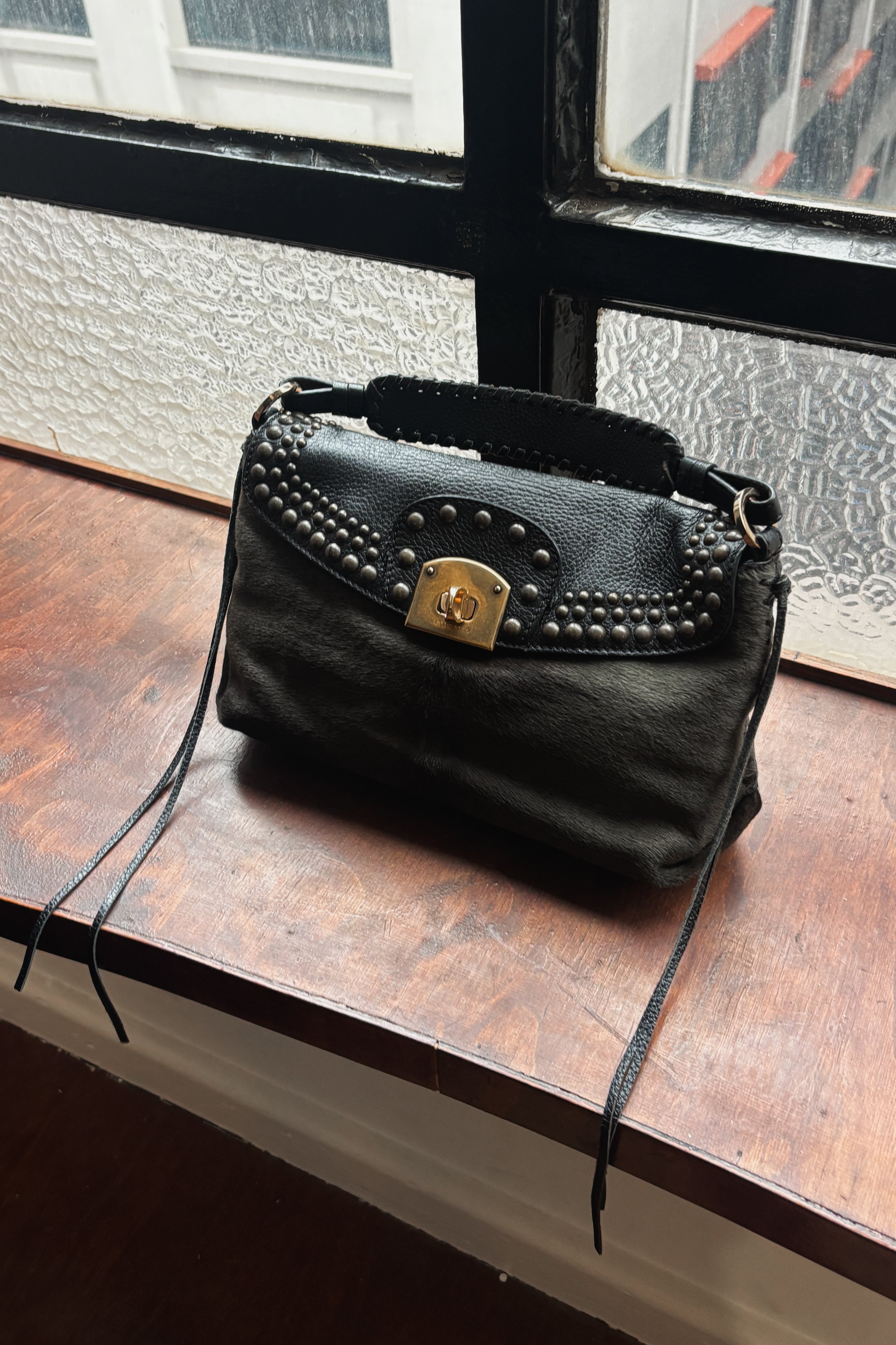 SERGIO ROSSI STUDDED CHAMOIS LEATHER HANDBAG
