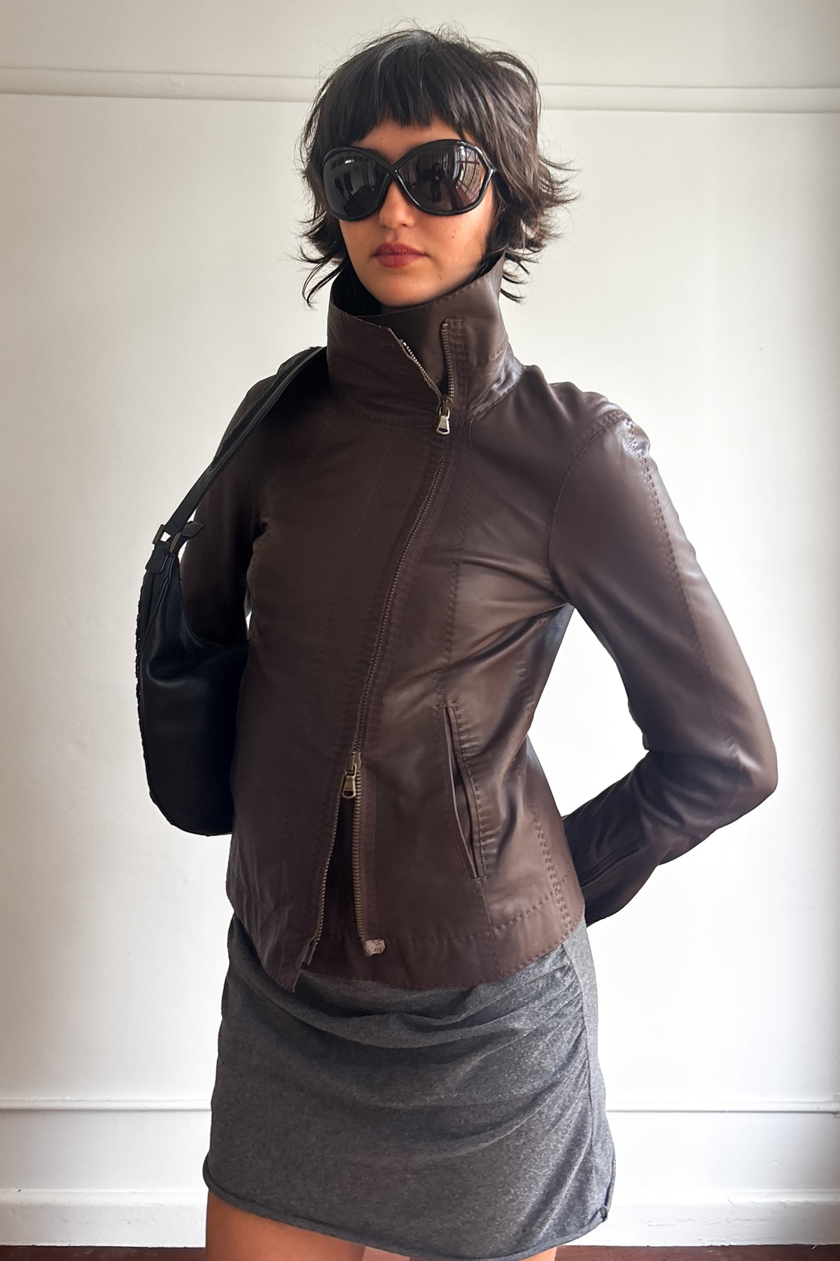 DONNA KARAN DUAL ZIP LAMBSKIN LEATHER JACKET