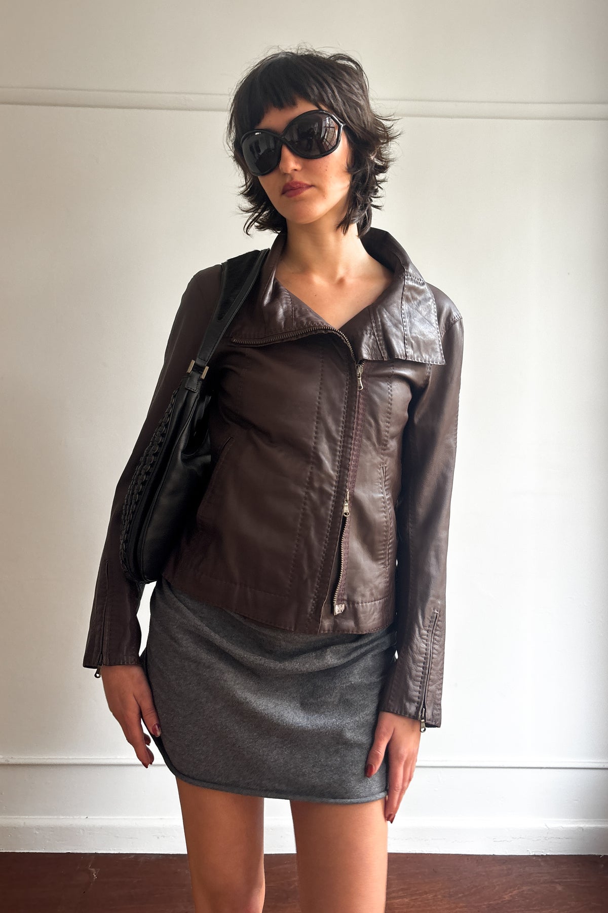DONNA KARAN DUAL ZIP LAMBSKIN LEATHER JACKET