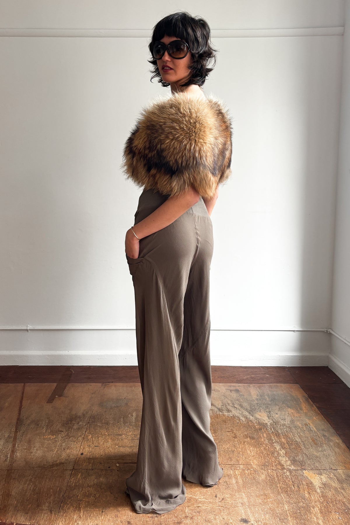 RICK OWENS F/W 2014 SILK WIDE-LEG FLARED TROUSERS