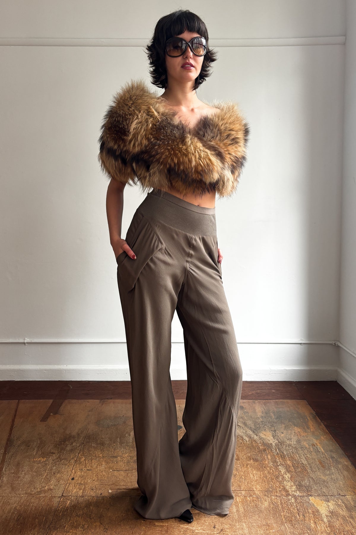 RICK OWENS F/W 2014 SILK WIDE-LEG FLARED TROUSERS