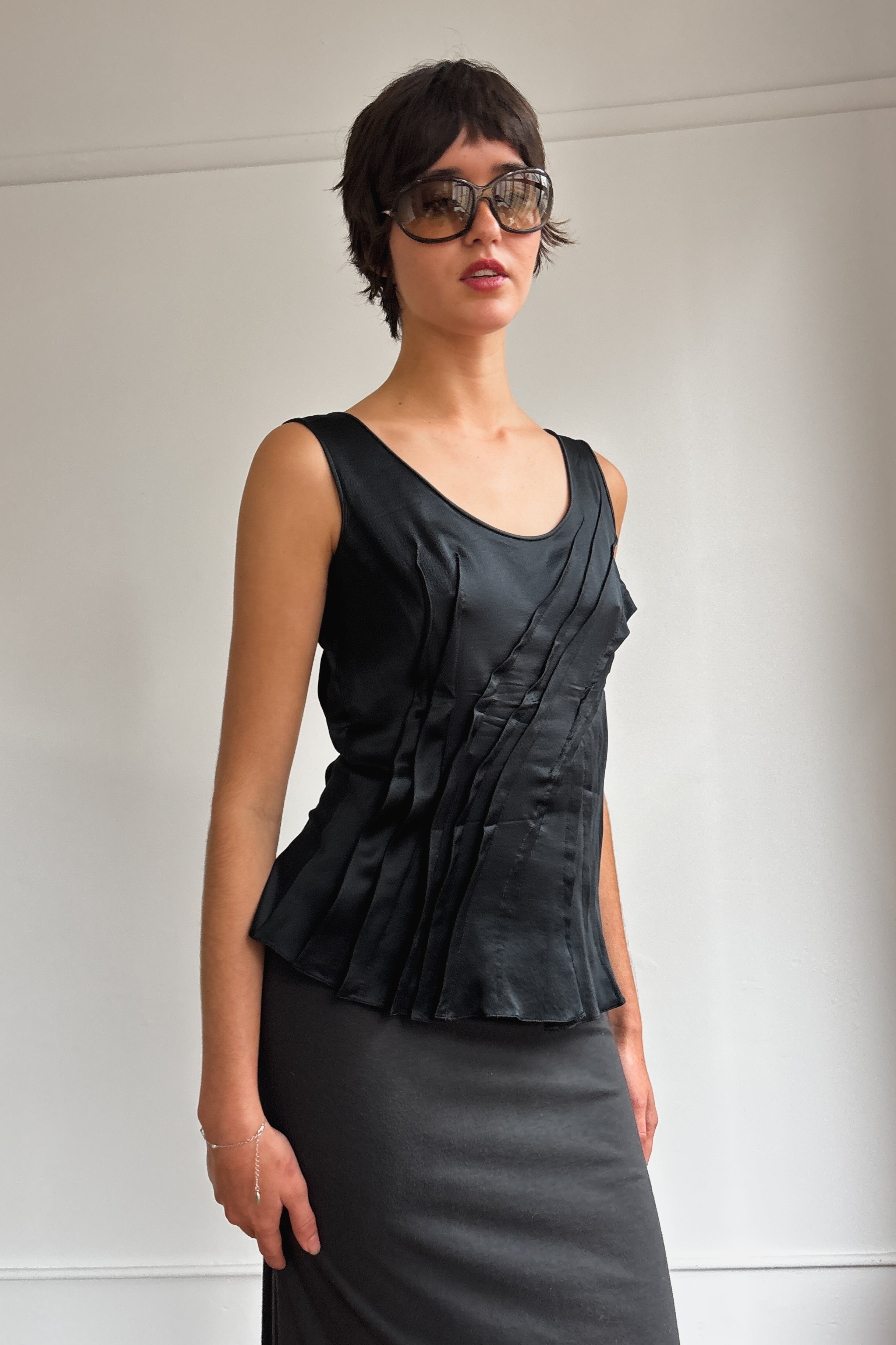 RARE CHRISTIAN DIOR BY JOHN GALLIANO ASYMMETRICAL PLEATED SILK TOP