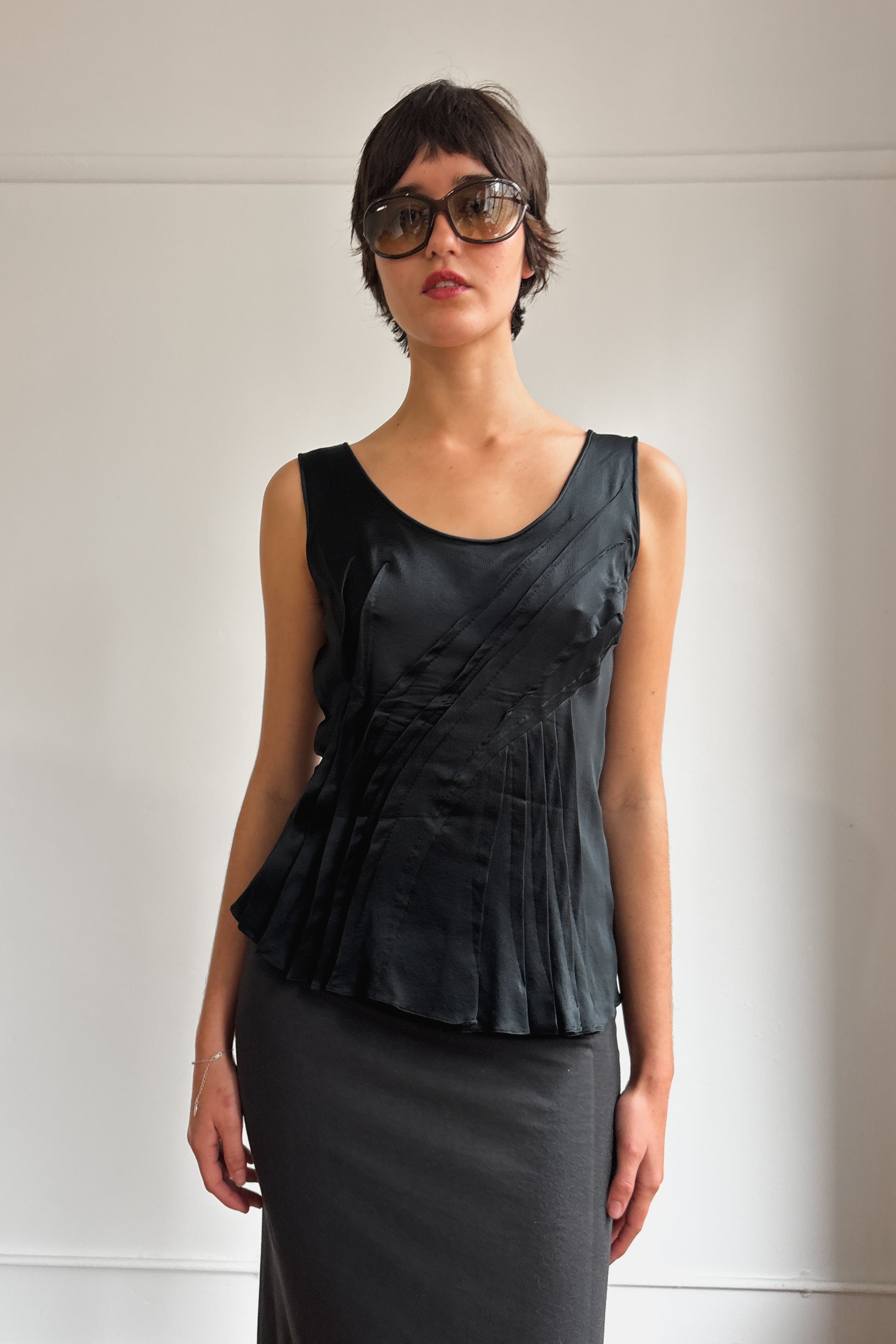RARE CHRISTIAN DIOR BY JOHN GALLIANO ASYMMETRICAL PLEATED SILK TOP