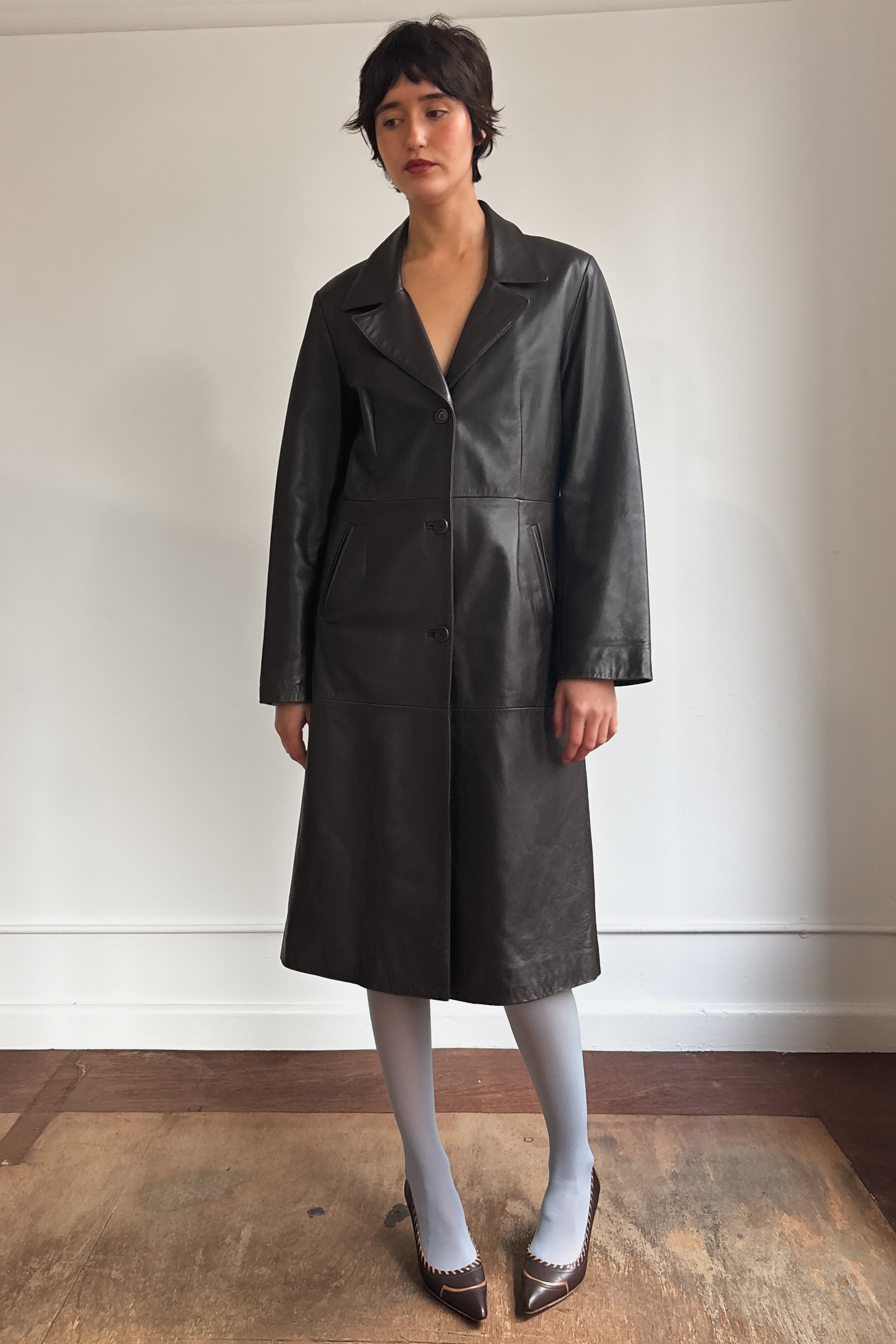VINTAGE LEATHER BUTTON DOWN TRENCH COAT