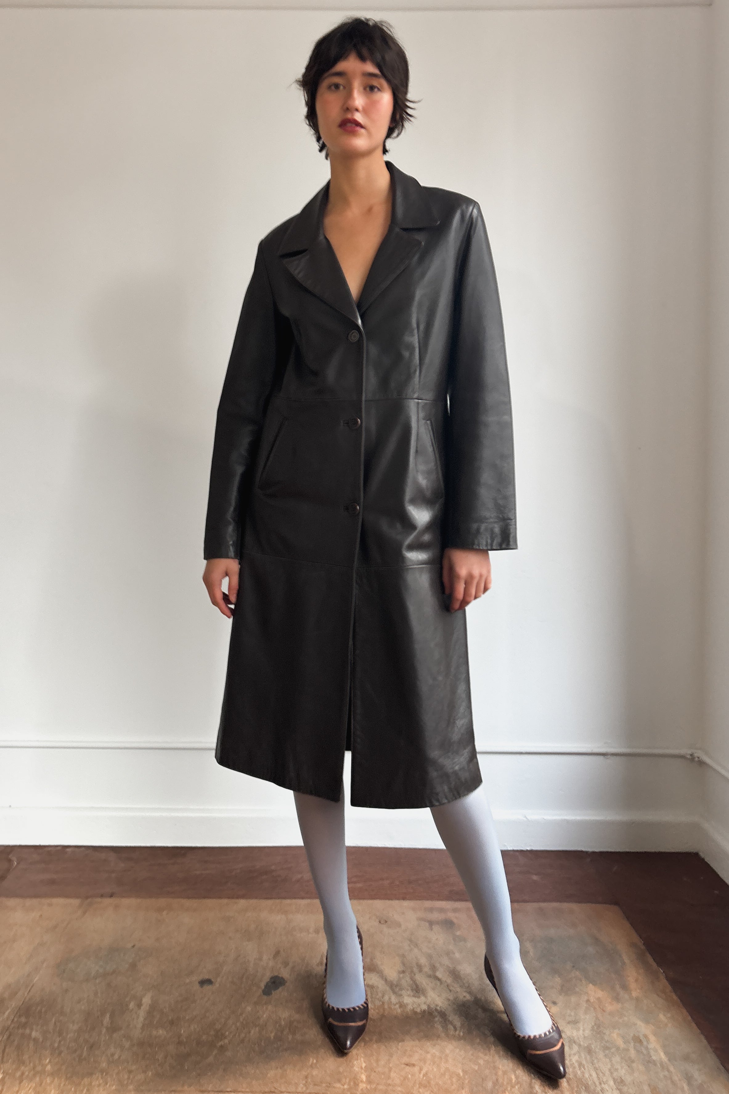 VINTAGE LEATHER BUTTON DOWN TRENCH COAT