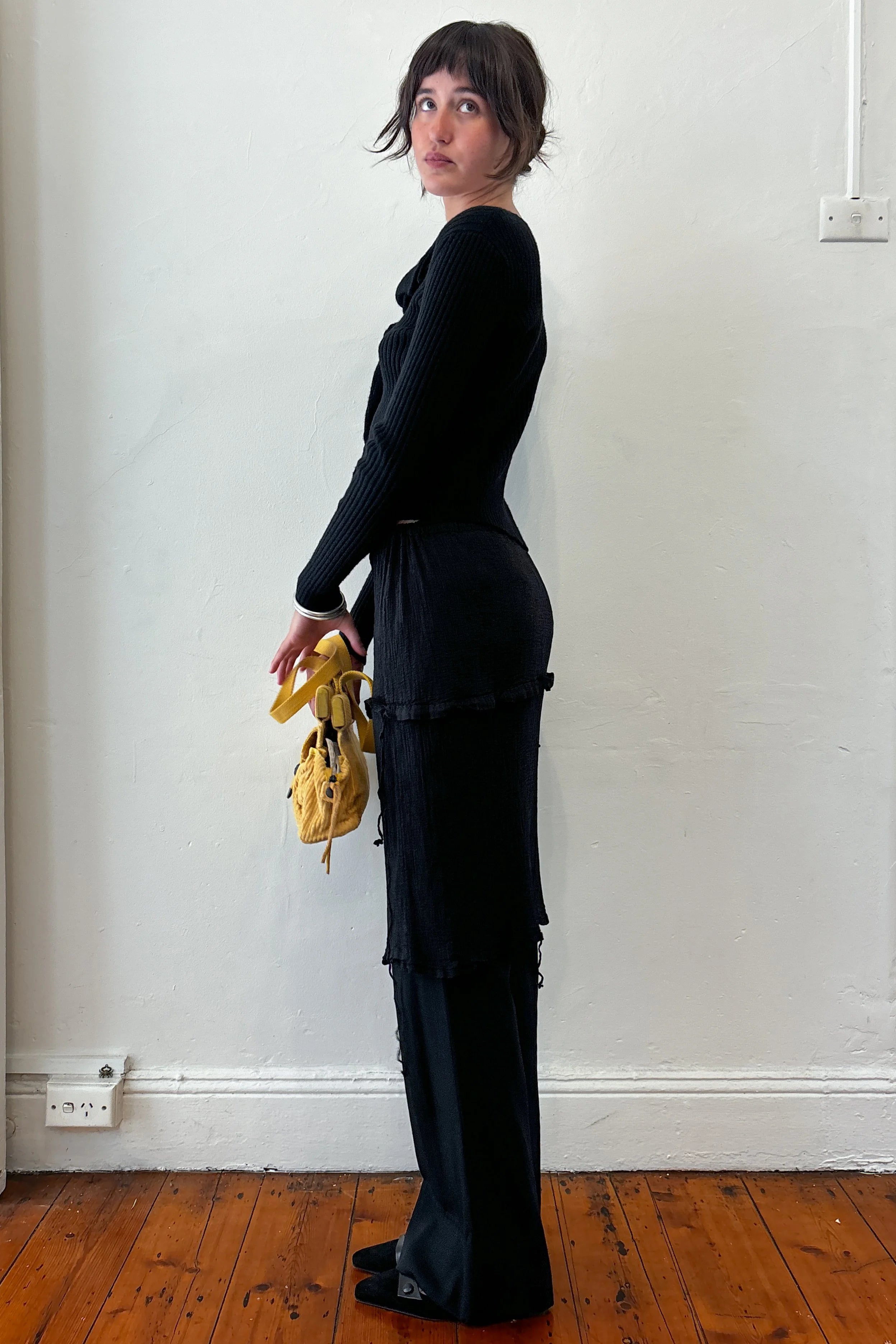 JEAN PAUL GAULTIER BLACK RIBBED WOOL CARDIGAN TOP