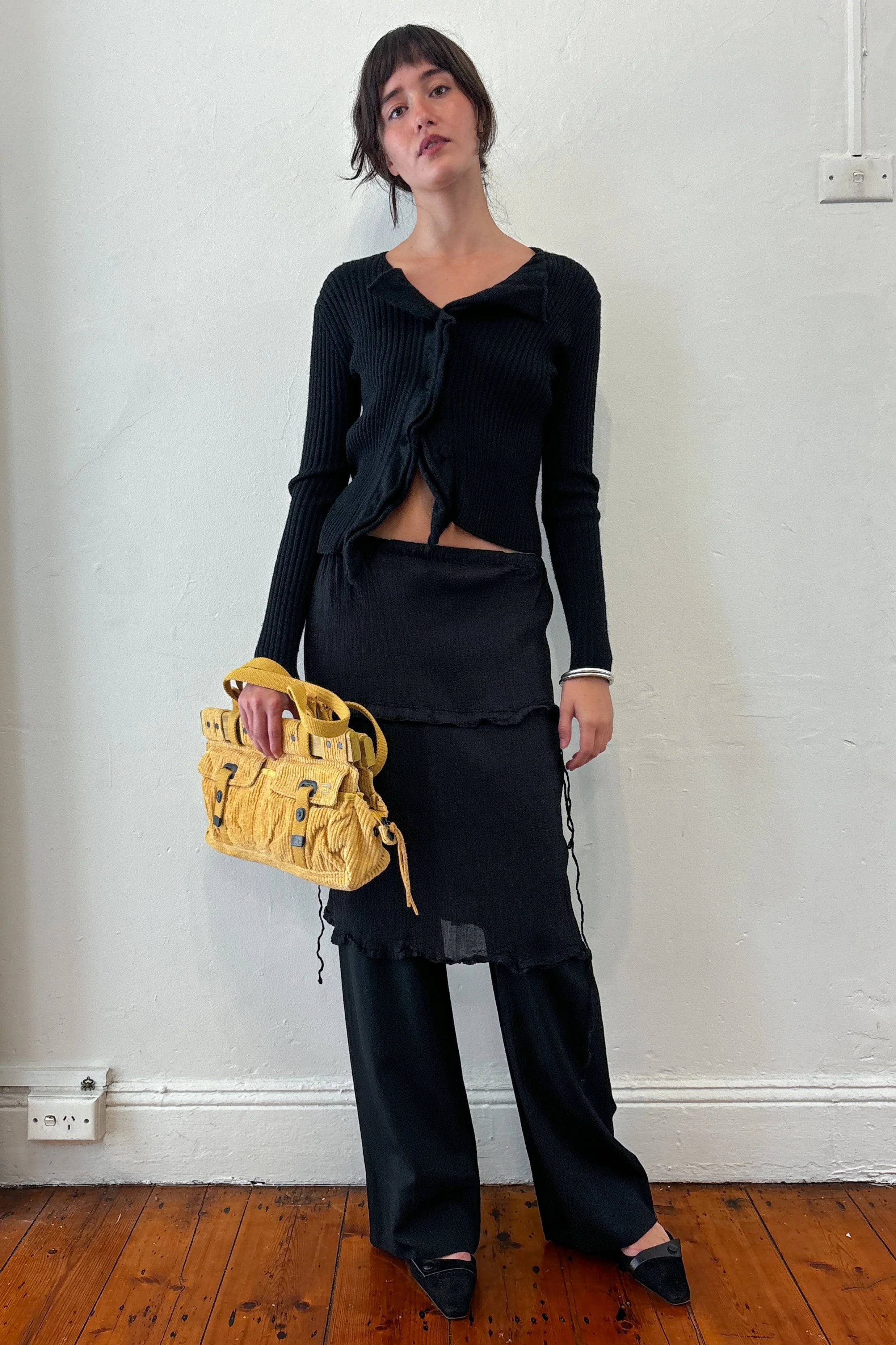 JEAN PAUL GAULTIER BLACK RIBBED WOOL CARDIGAN TOP