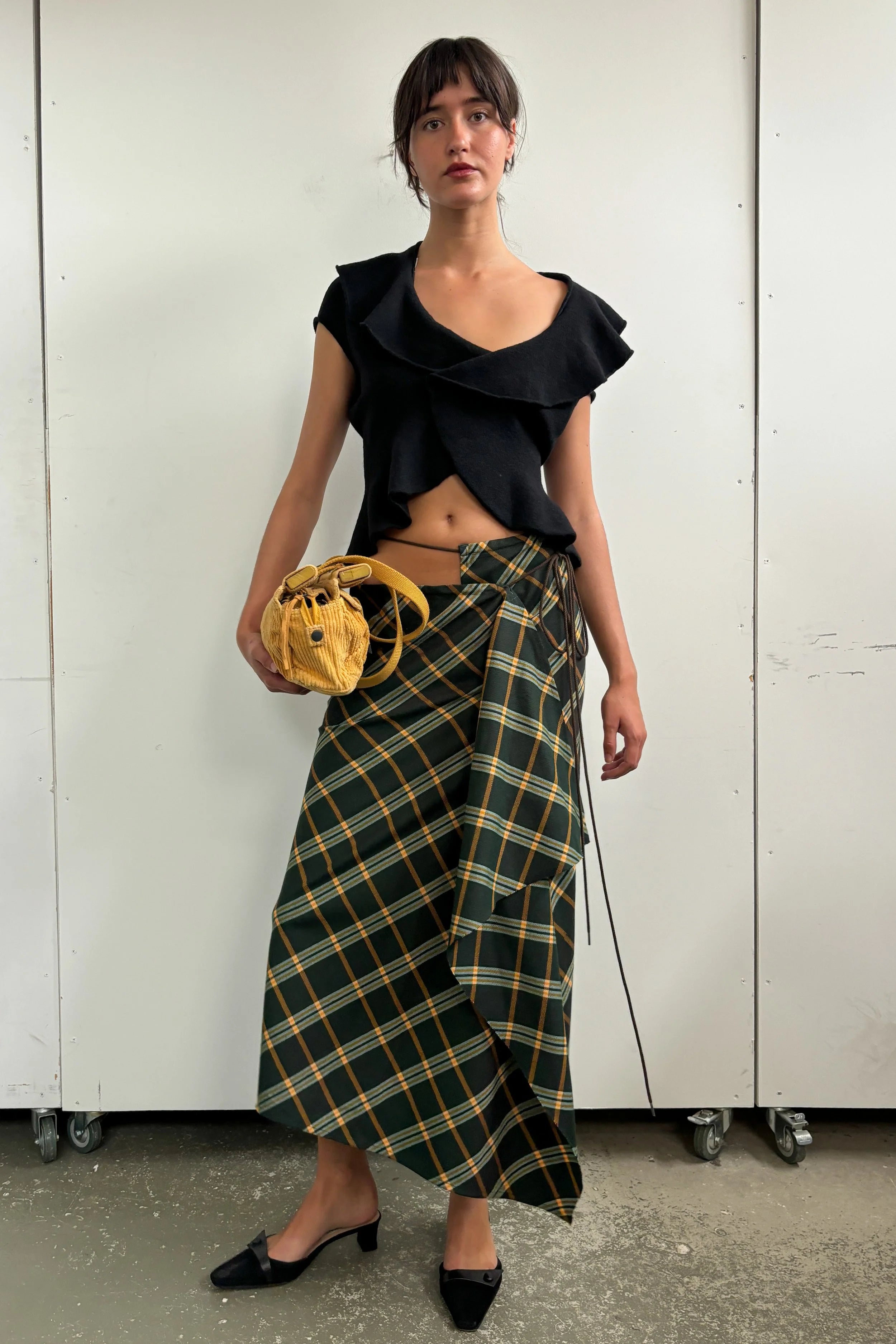 YOHJI YAMAMOTO 2002 AW CHECK ASYM MAXI SKIRT WITH TIE WAIST