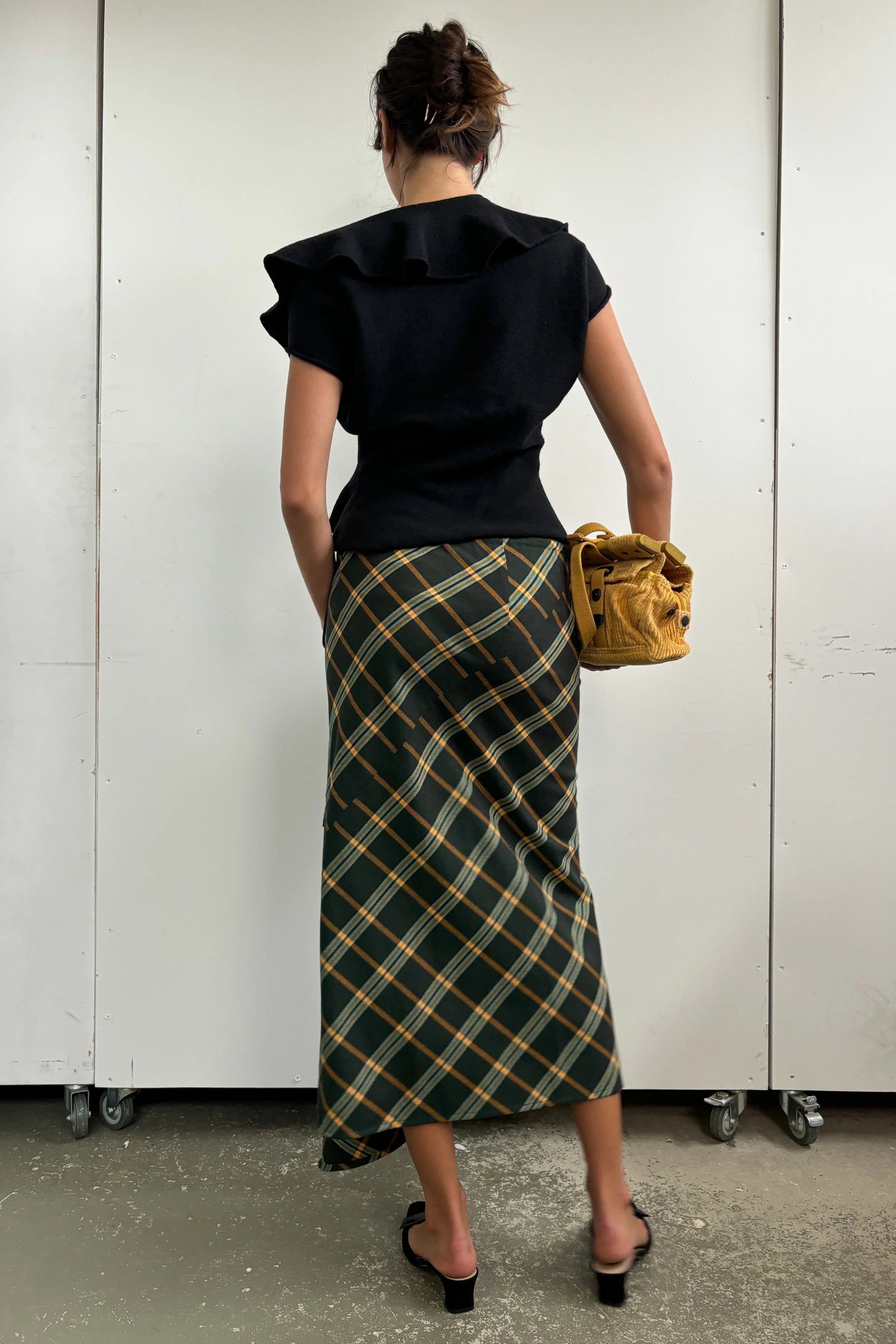 YOHJI YAMAMOTO 2002 AW CHECK ASYM MAXI SKIRT WITH TIE WAIST