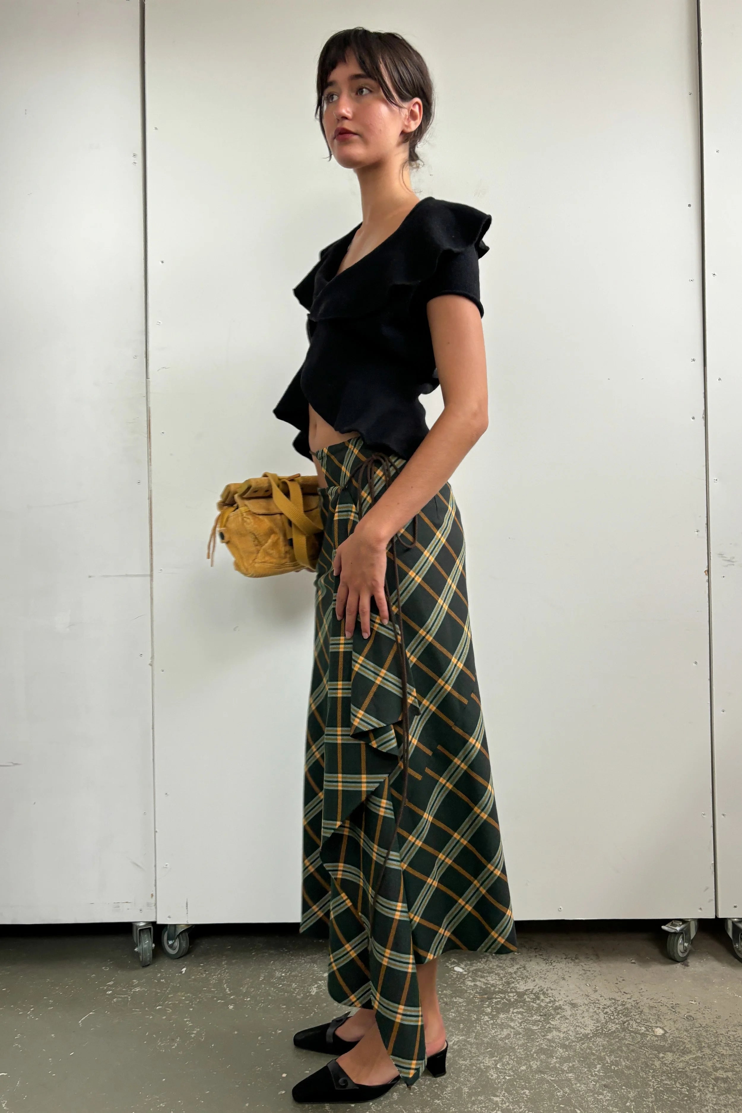 YOHJI YAMAMOTO 2002 AW CHECK ASYM MAXI SKIRT WITH TIE WAIST