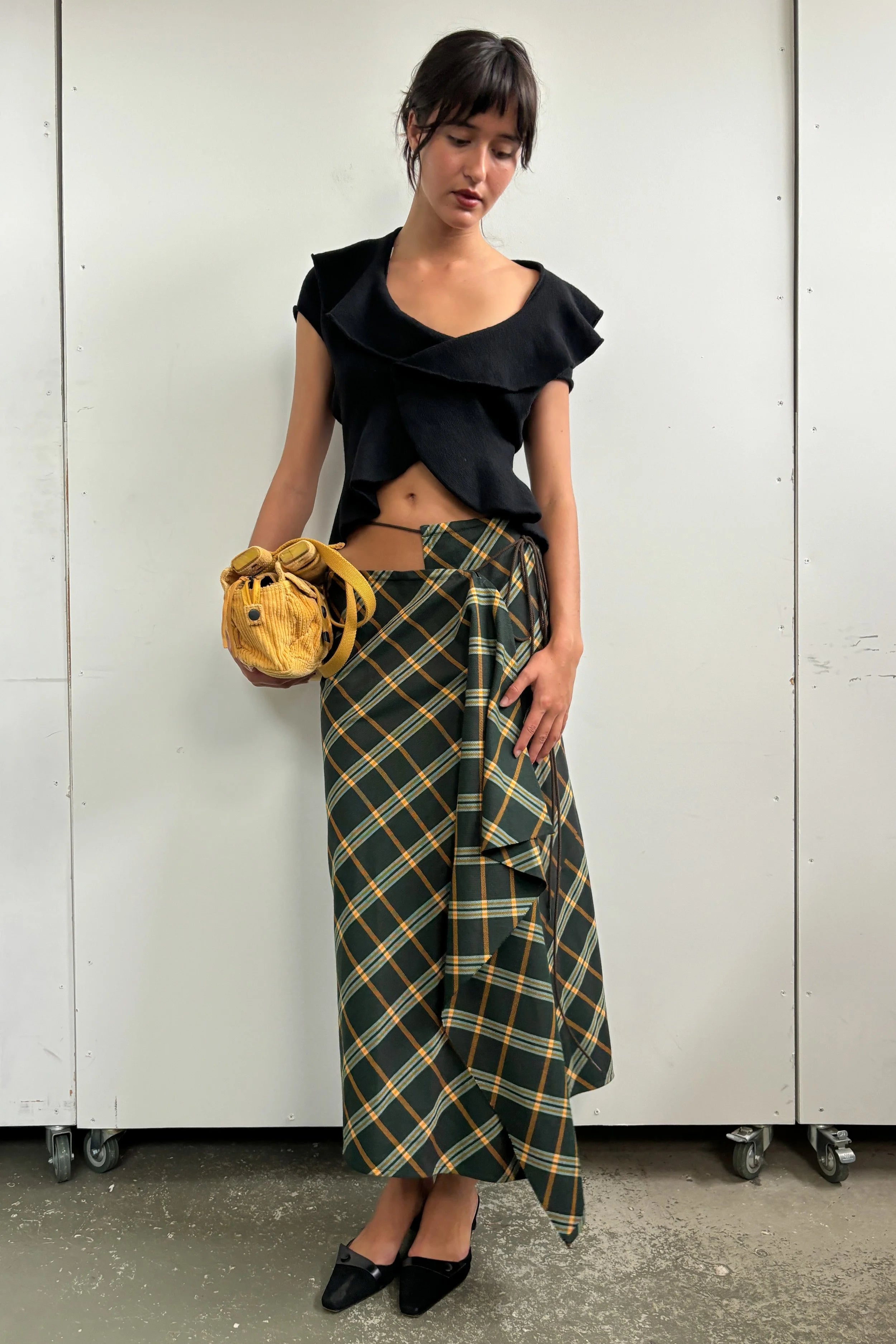 YOHJI YAMAMOTO 2002 AW CHECK ASYM MAXI SKIRT WITH TIE WAIST