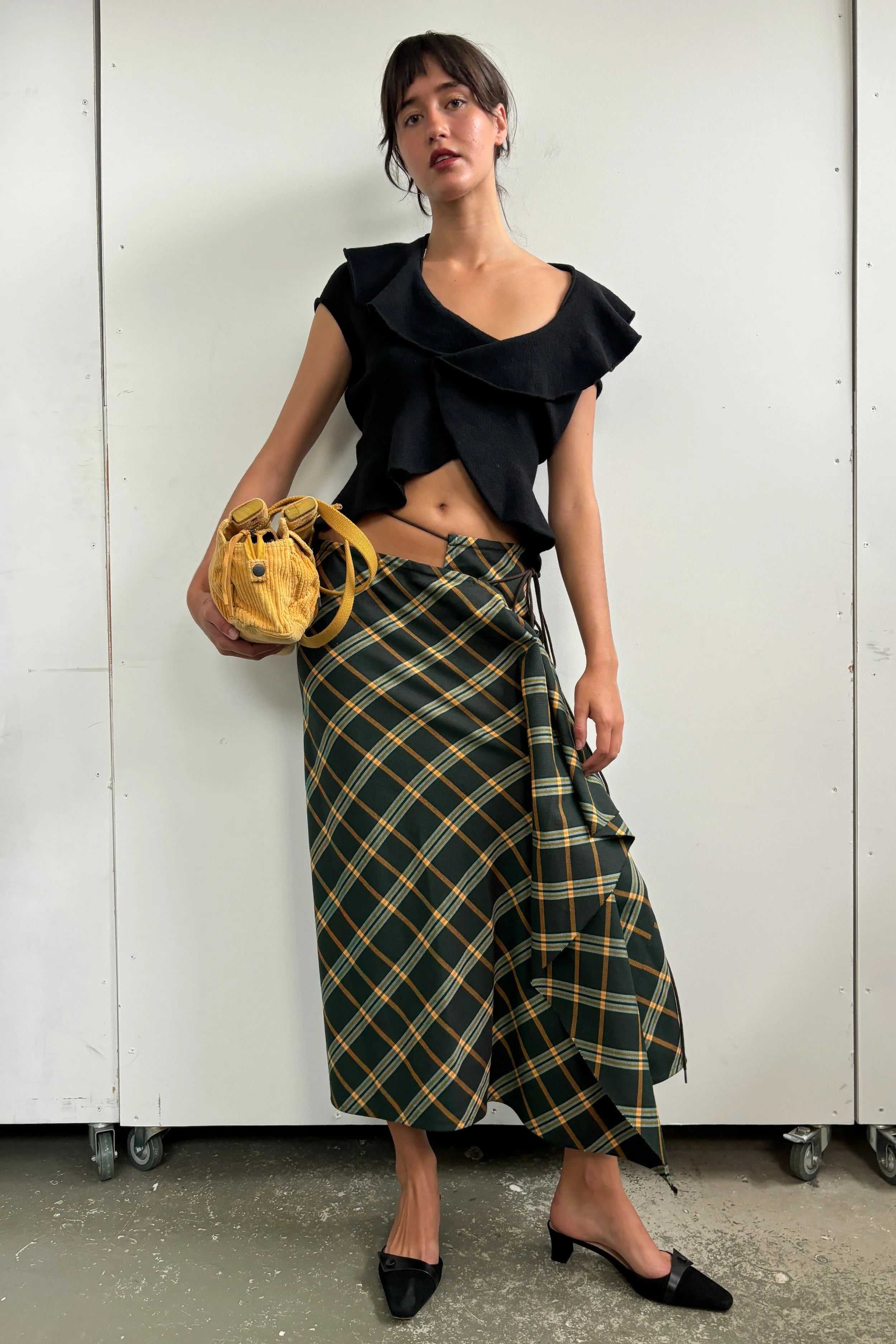 YOHJI YAMAMOTO 2002 AW CHECK ASYM MAXI SKIRT WITH TIE WAIST