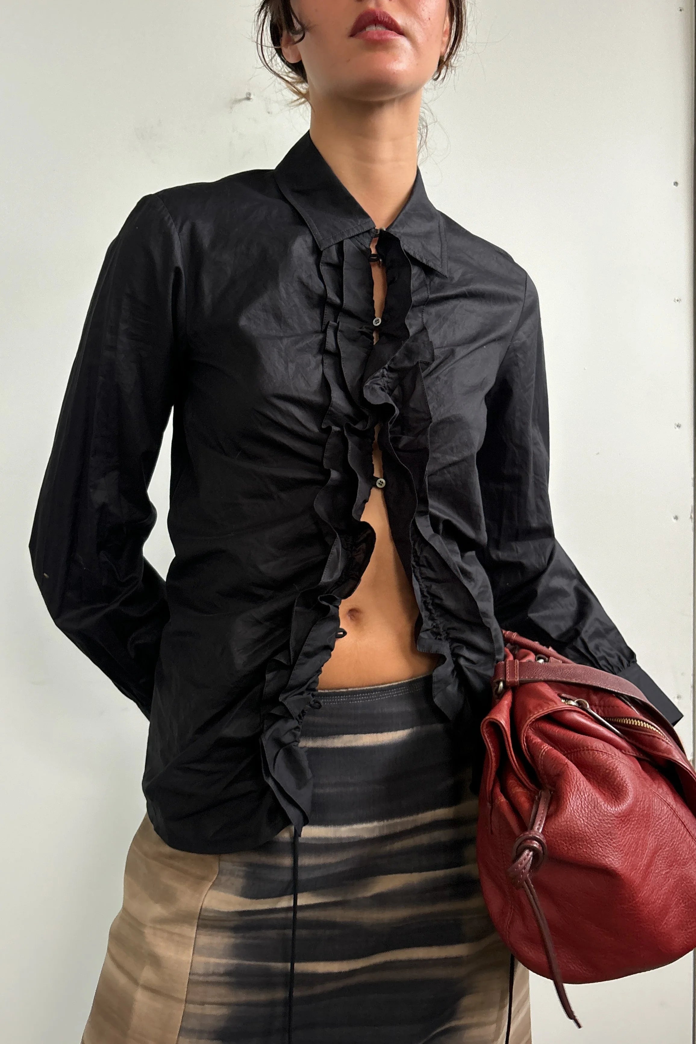 DKNY RUFFLE FRONT LONG SLEEVE SHIRT