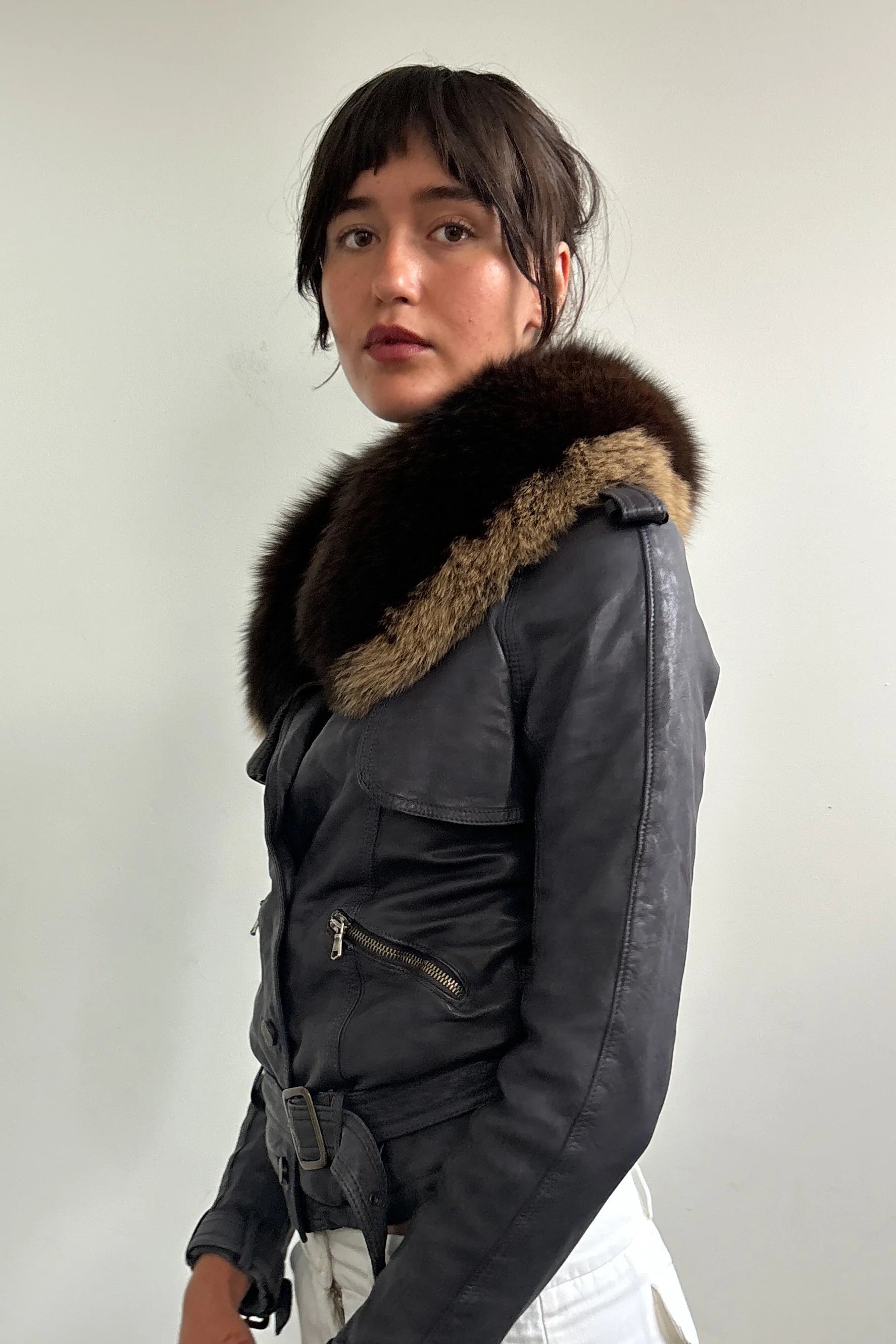GIORGIO BRATO LEATHER JACKET WITH DETACHABLE FUR COLLAR