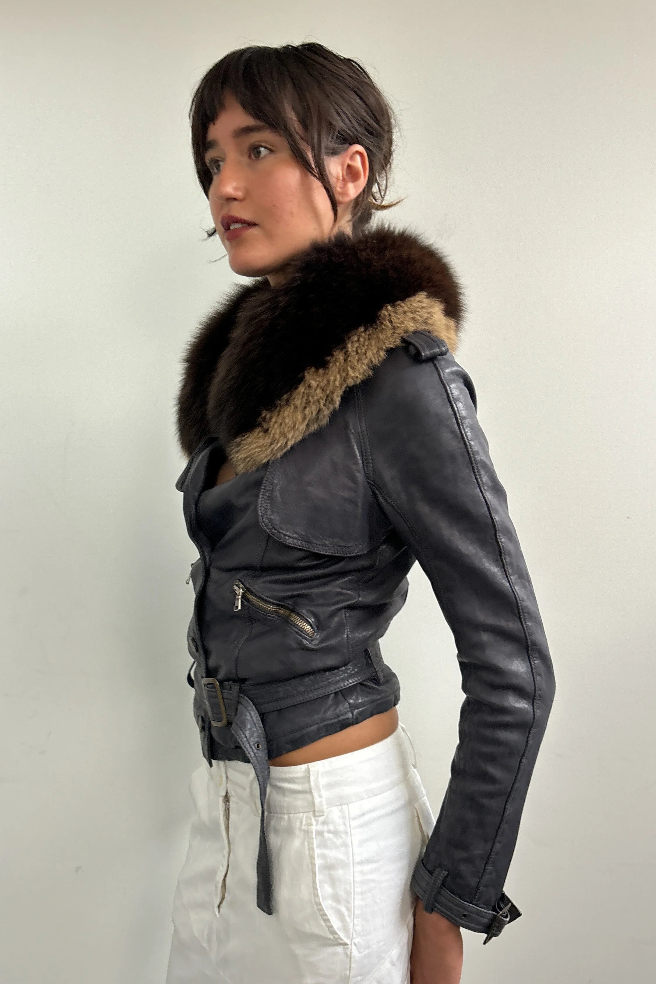GIORGIO BRATO LEATHER JACKET WITH DETACHABLE FUR COLLAR