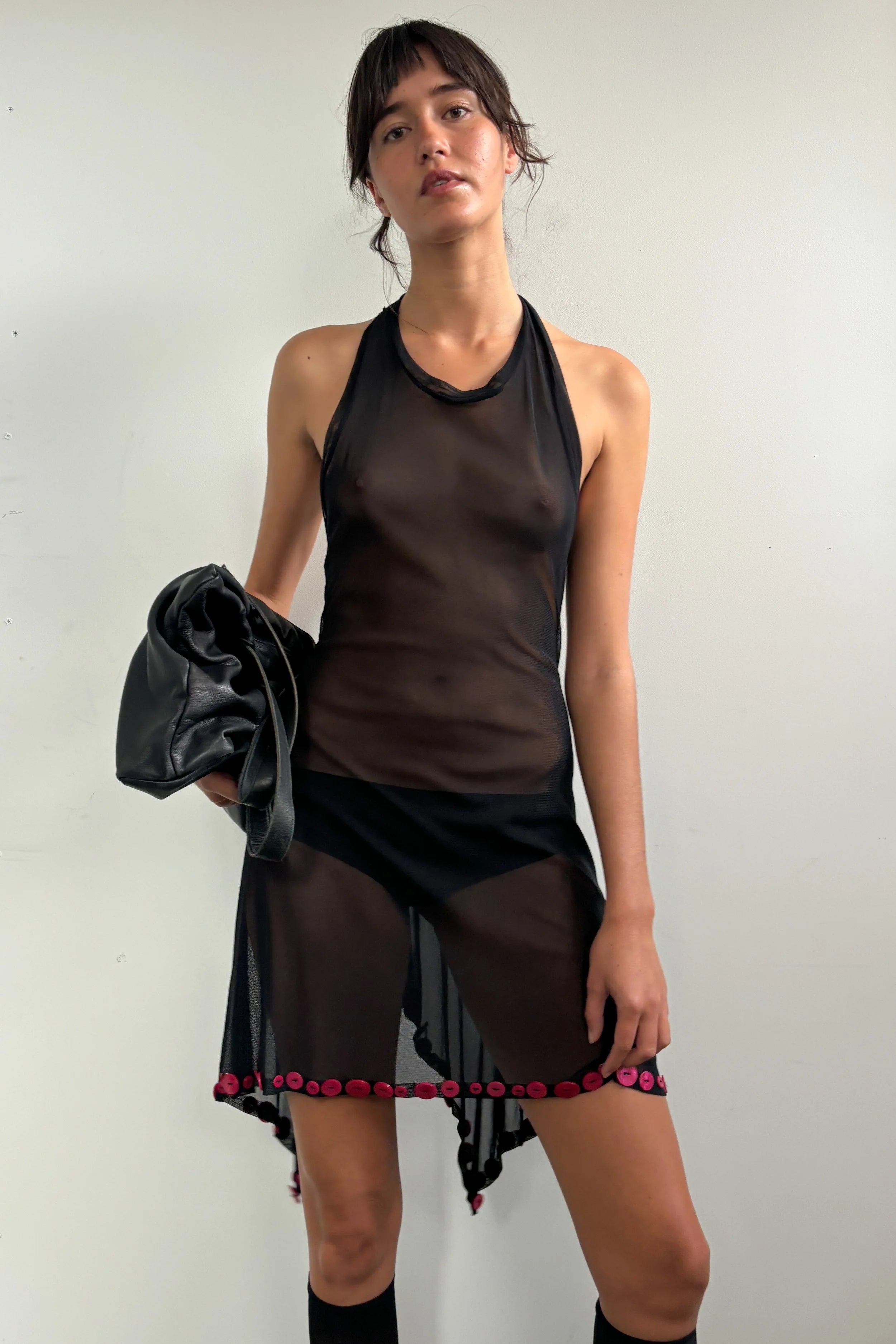 JEAN PAUL GAULTIER S/S 2003 SHEER MINI WITH PINK BUTTON TRIM