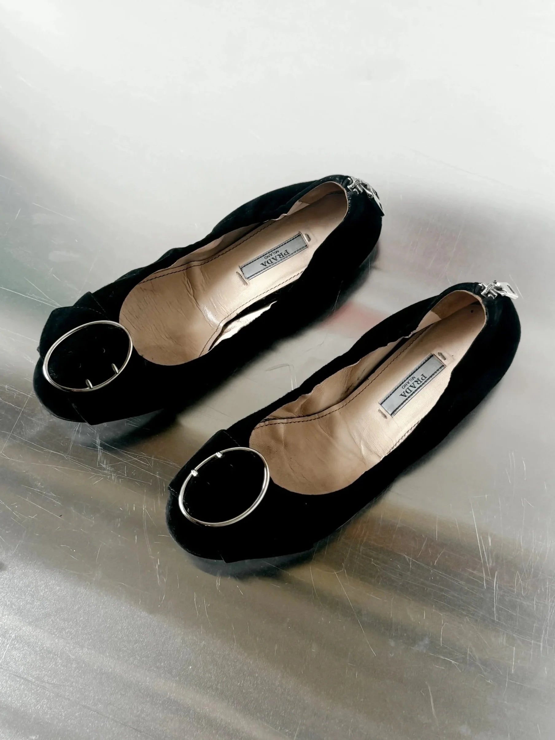 PRADA SUEDE LEATHER BALLET FLATS WITH SILVER BUCKLE