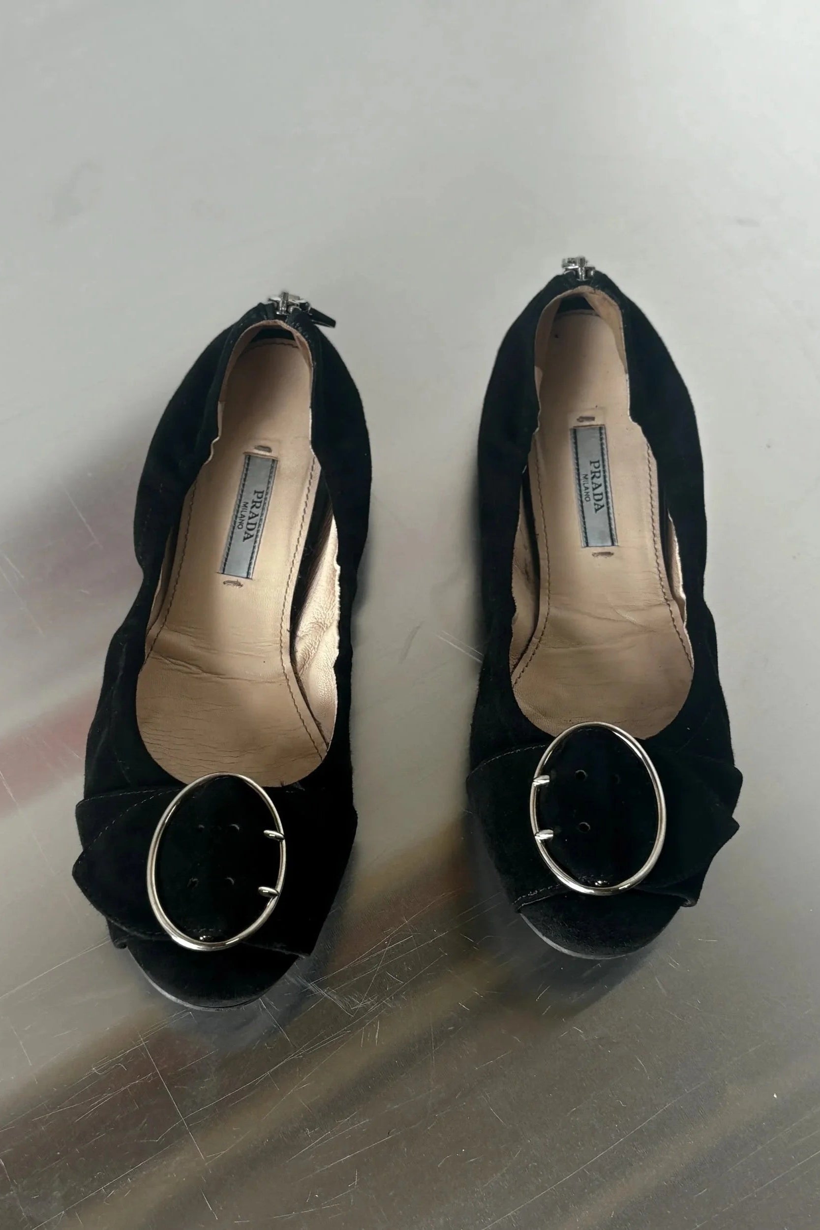 PRADA SUEDE LEATHER BALLET FLATS WITH SILVER BUCKLE