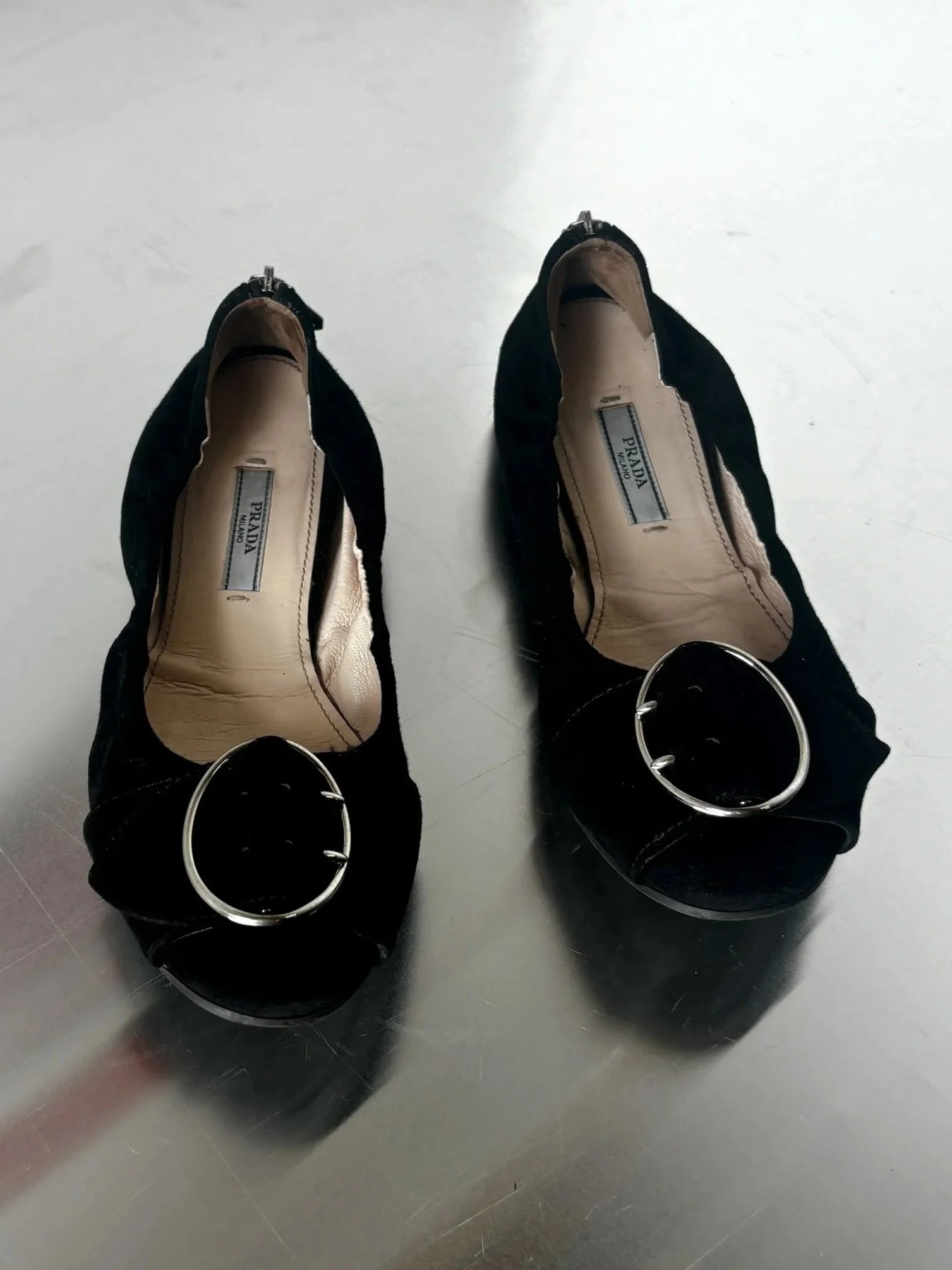 PRADA SUEDE LEATHER BALLET FLATS WITH SILVER BUCKLE
