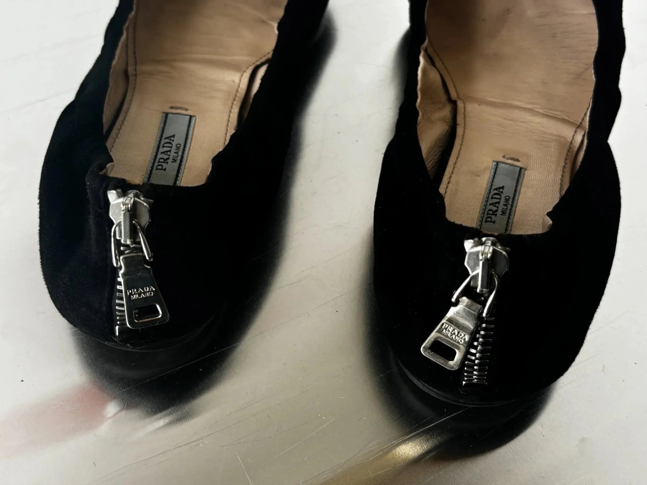 PRADA SUEDE LEATHER BALLET FLATS WITH SILVER BUCKLE